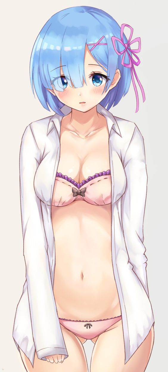 1girls ass_visible_through_thighs belly belly_button blue_eyes blue_hair blush bra breasts cleavage clothing female female_focus female_only life_in_another_world looking_at_viewer mostly_nude mouth_open panties re:zero_kara_hajimeru_isekai_seikatsu rem_(re:zero) saduza short_hair simple_background solo tagme unique_hair white_background