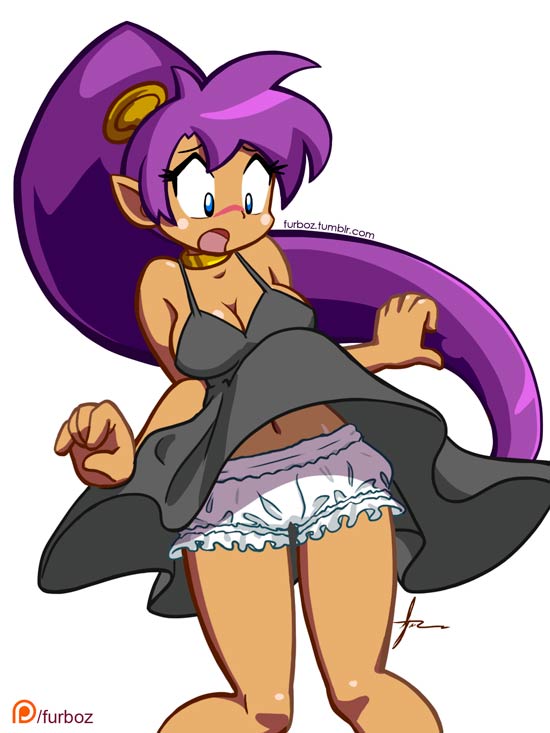 bloomers, bloomers (victorian), blue eyes, blush, breasts, dress, embarrassed, female, furboz, large breasts, midriff, nightgown, ponytail, purple hair, shantae, shantae (character), smooth skin, solo, sundress, tied hair, underwear, wayforward, white underwear