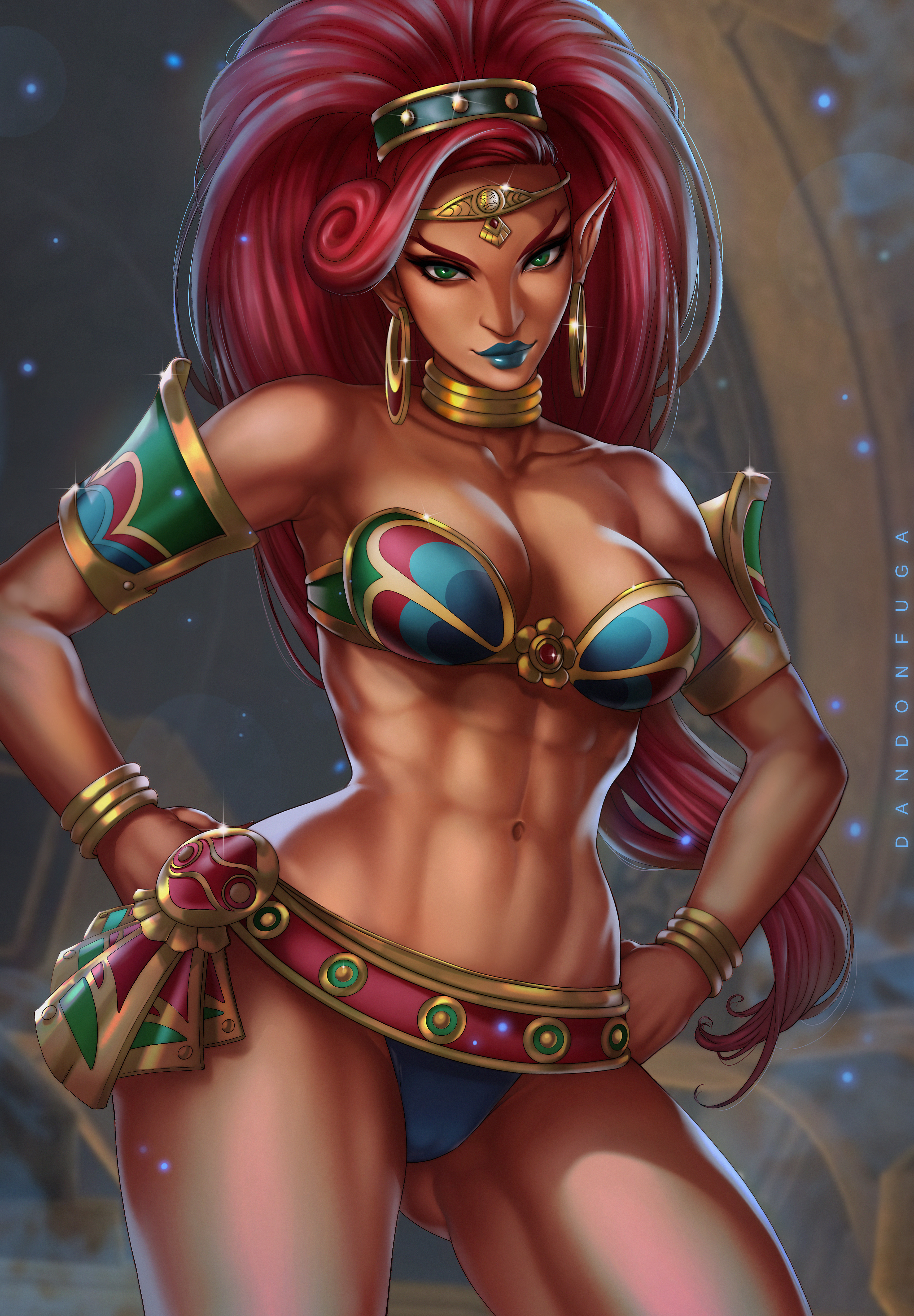 1girls, abs, absurdres, armband, belt, blue lipstick, bra, bracelet, breasts, breath of the wild, brown-skinned female, cameltoe, choker, circlet, clothed, cowboy shot, curvy, dandon fuga, dark skin, dark-skinned female, earrings, female, female only, front view, gerudo, gold (metal), green eyes, hands on hips, highres, hoop earrings, humanoid, jewelry, large breasts, lipstick, long hair, looking at viewer, midriff, navel, nintendo, panties, pointy ears, ponytail, pussy, red hair, smile, solo, standing, the legend of zelda, tied hair, toned, urbosa, very long hair