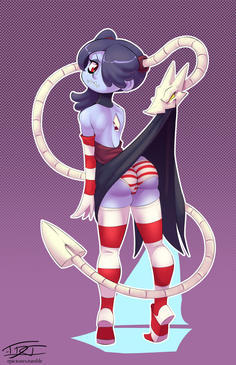 ass, back view, blue skin, bone, detached sleeves, female, hair over one eye, hardtones, leviathan (skullgirls), monster girl, panties, red eyes, skirt, skirt lift, skullgirls, squigly, striped, striped legwear, striped panties, striped sleeves, thighhighs, zombie