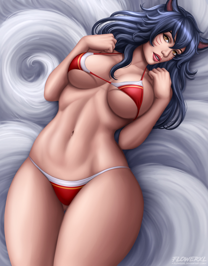 ahri, bra, breasts, cleavage, female, female only, flowerxl, league of legends, looking at viewer, panties, solo, thick thighs