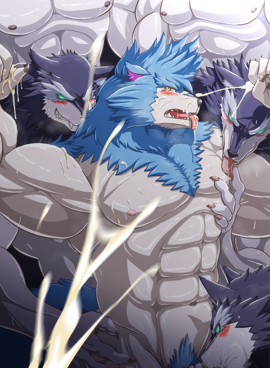 abs absurd_res anal armpits blush breath_of_fire broken_(artist) bukkake canine cum fellatio gilliam hi_res male mammal muscular nude oral orgasm pecs sex threesome video_games wolf yaoi