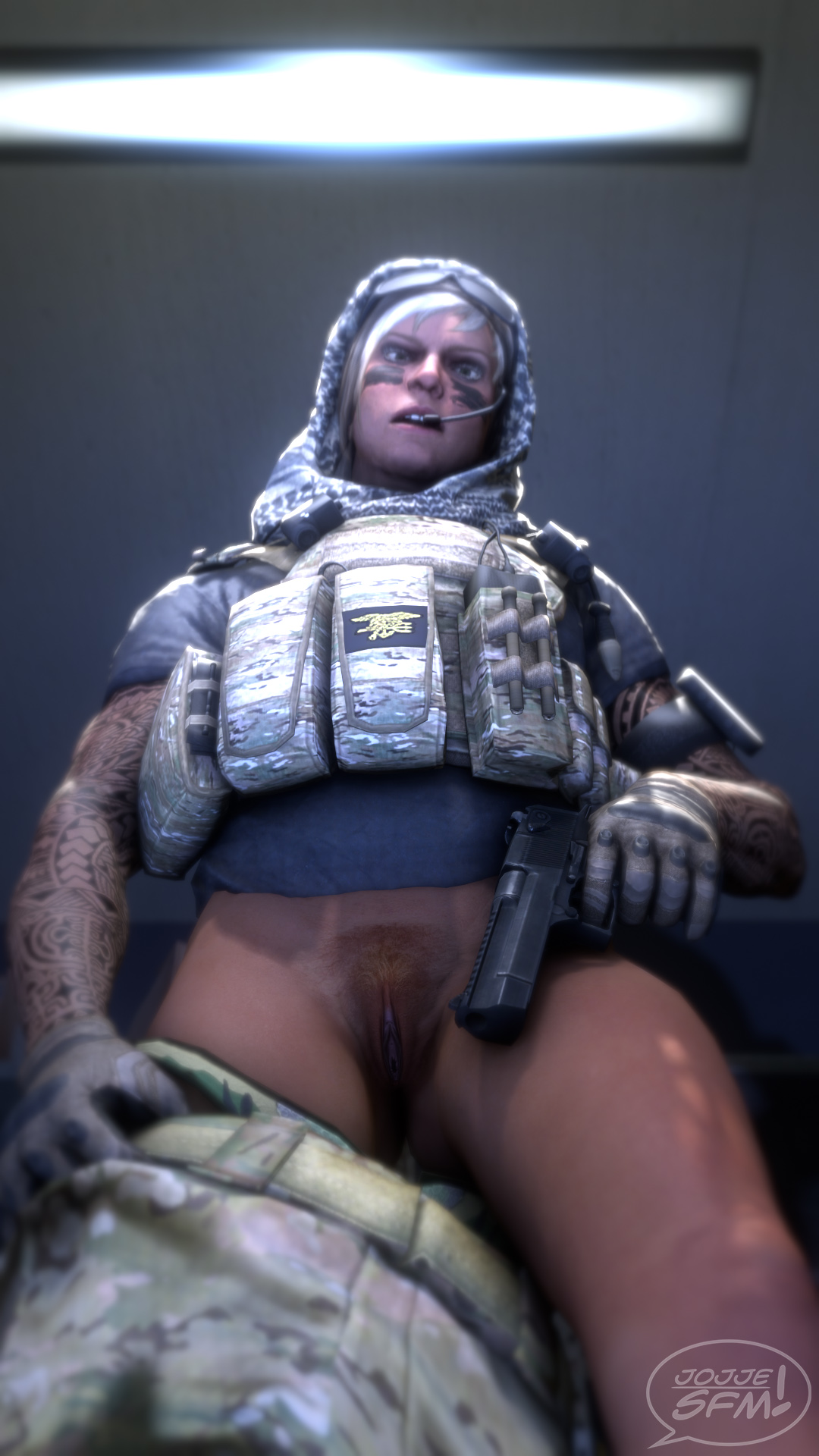 1girls, 3d, bottomless, combat gloves, desert eagle, female, gloves, gun, jojje, military gloves, pubic hair, pussy, rainbow six, rainbow six siege, source filmmaker, tactical gloves, tagme, text, tom clancy, valkyrie (rainbow six), weapon