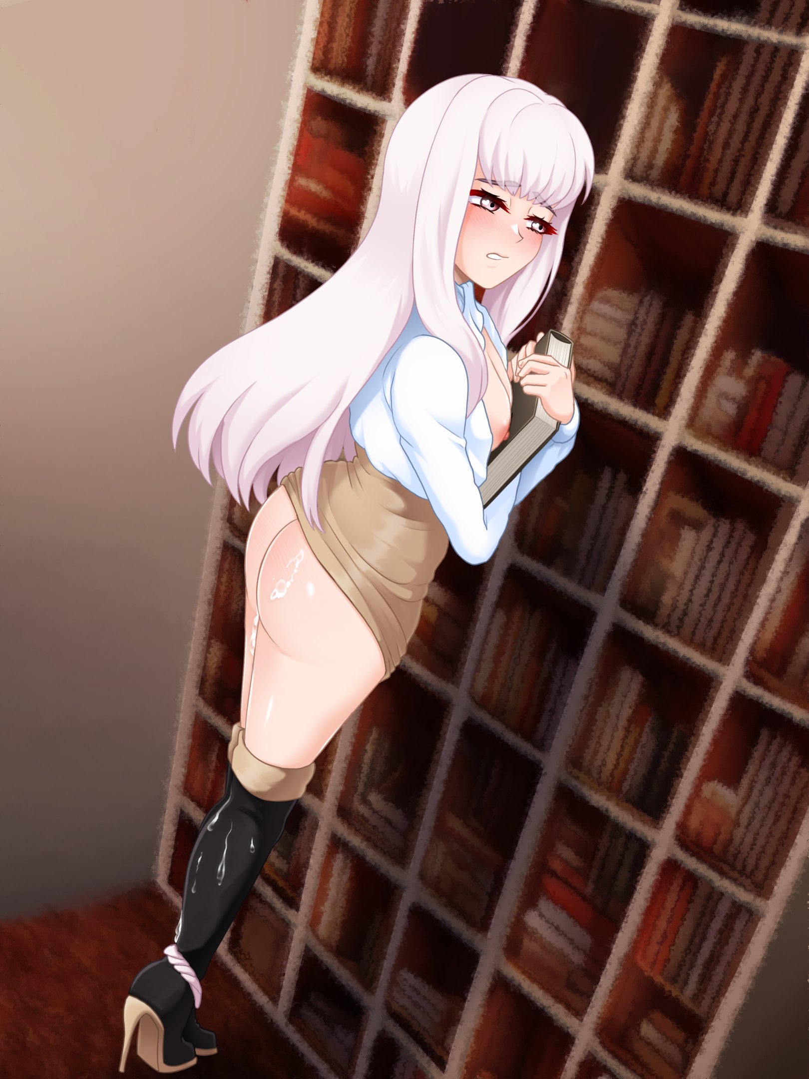 1girls, ass, blush, breasts, breasts out, cum drip, cum on ass, cum on leg, embarrassed, female, fire emblem, fire emblem: three houses, incognigoat, knee boots, long hair, lysithea von ordelia, miniskirt, panties around one leg, pink eyes, skirt up, small breasts, unbuttoned shirt, white hair, white shirt