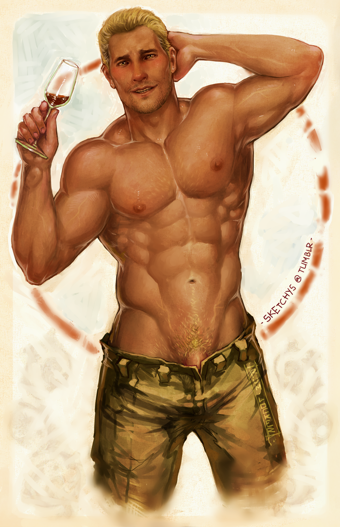 1boy abs alcohol bara beard_stubble blonde_hair blush body_hair cullen_rutherford dick_root dragon_age dragon_age_inquisition drunk facial_hair human human_only looking_at_viewer male male_nipples male_only male_pubic_hair muscle muscular_male pants_open pecs penis_peek pockyrumz smile solo topless