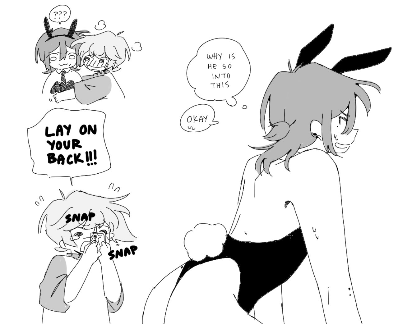 ?, 2boys, ahoge, armpit hair, armpit hair peek, arms around partner, blonde hair, blush, brown hair, bunny boy, bunny ears, bunny tail, bunnysuit, butt crack, chibi, confusion, dialogue, english text, excited, full-face blush, fully clothed, greyscale, humor, juliegg, kouta (juliegg), looking at partner, male, mole, mole on arm, mole on ass, mole under eye, mole under mouth, monochrome, motion lines, necktie, nervous, nervous smile, original, partially clothed, pose, question mark, romantic, romantic couple, rui (juliegg), smile, sound effects, speech bubble, standing, sweat, taking picture, tears, thought bubble, tie, tied hair, white background, wholesome, yaoi