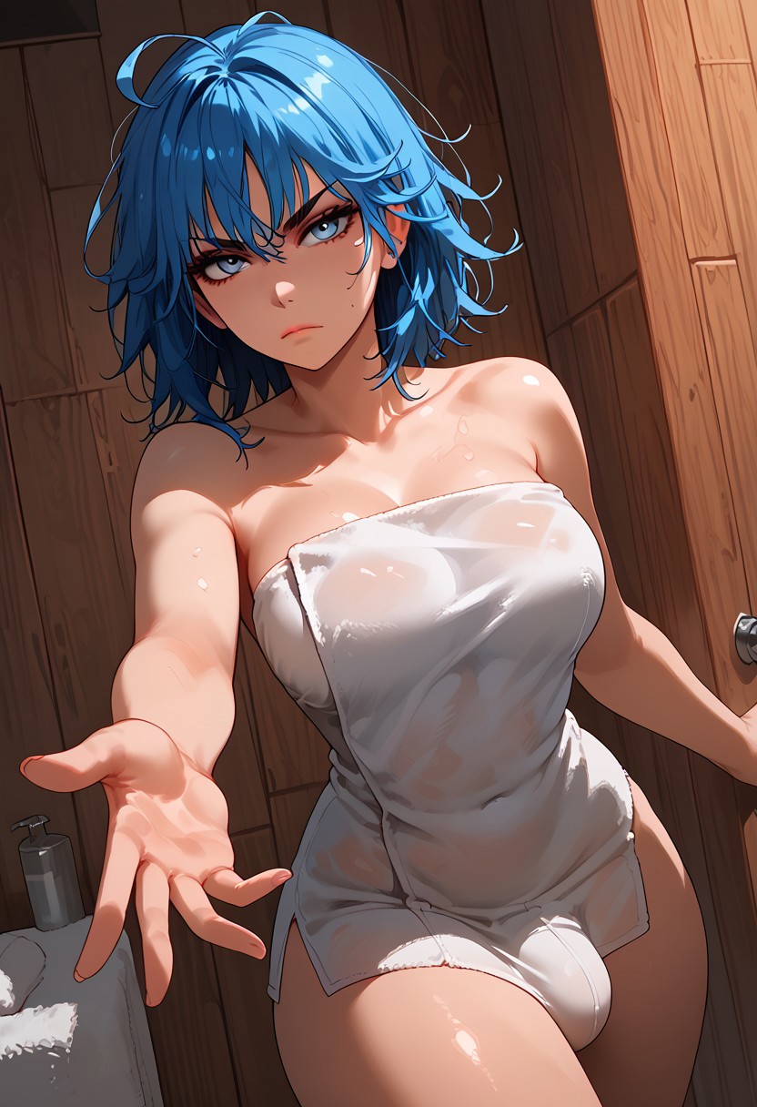 1futa ai_generated bathhouse blue_eyes blue_hair futa_only futanari inviting jamesbron large_breasts looking_at_viewer medium_hair outstretched_arm penis_bulge solo solo_futa thick_thighs thighs towel wide_hips