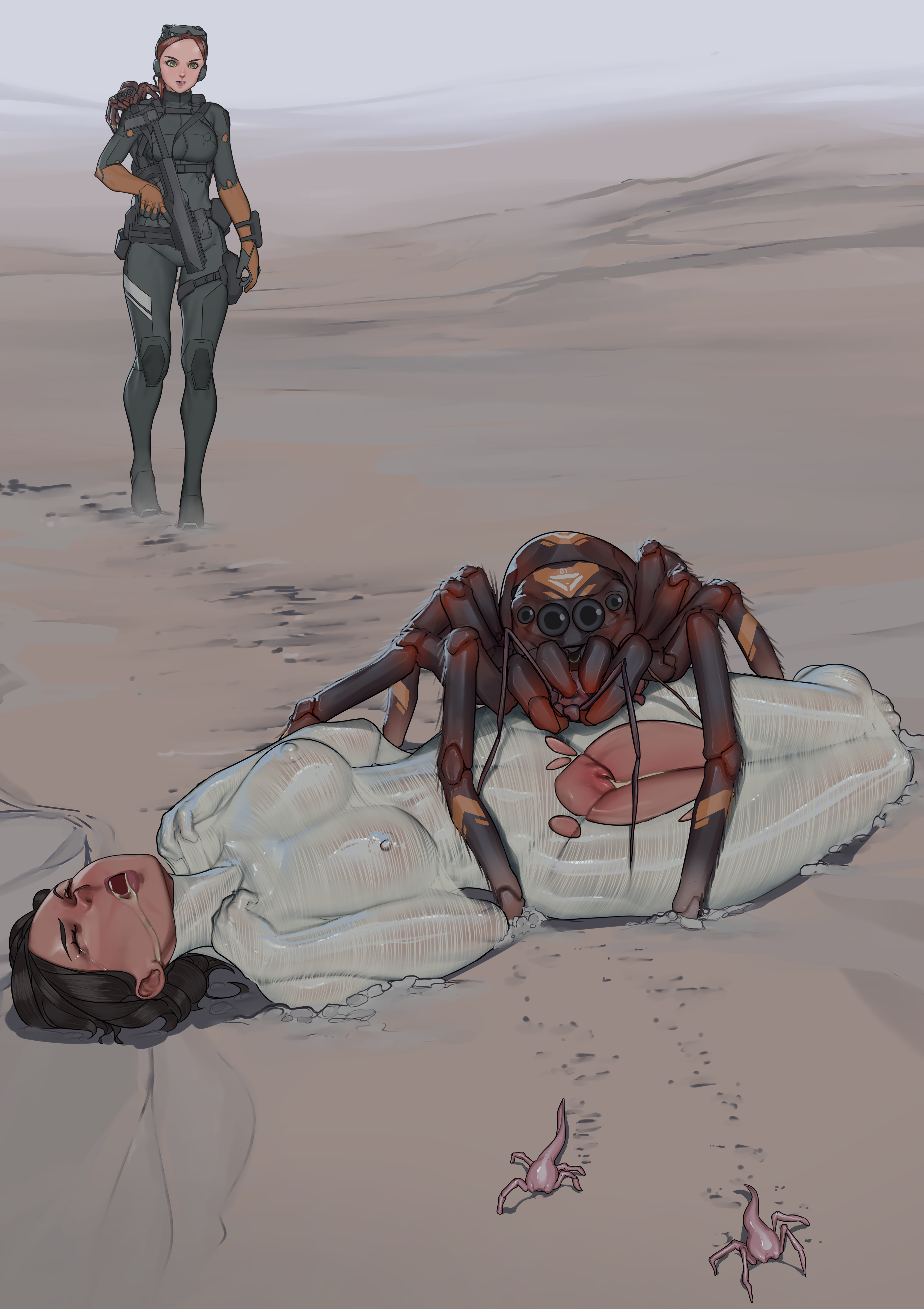 arachnophilia, bestiality, big, birthing, breasts, dark skin, dark-skinned female, female, insectophilia, insects, interspecies, monster, monster girl, monster on female, naked female, passed out, rescue, sticky restraint, web bondage, zerogravitas, zoophilia