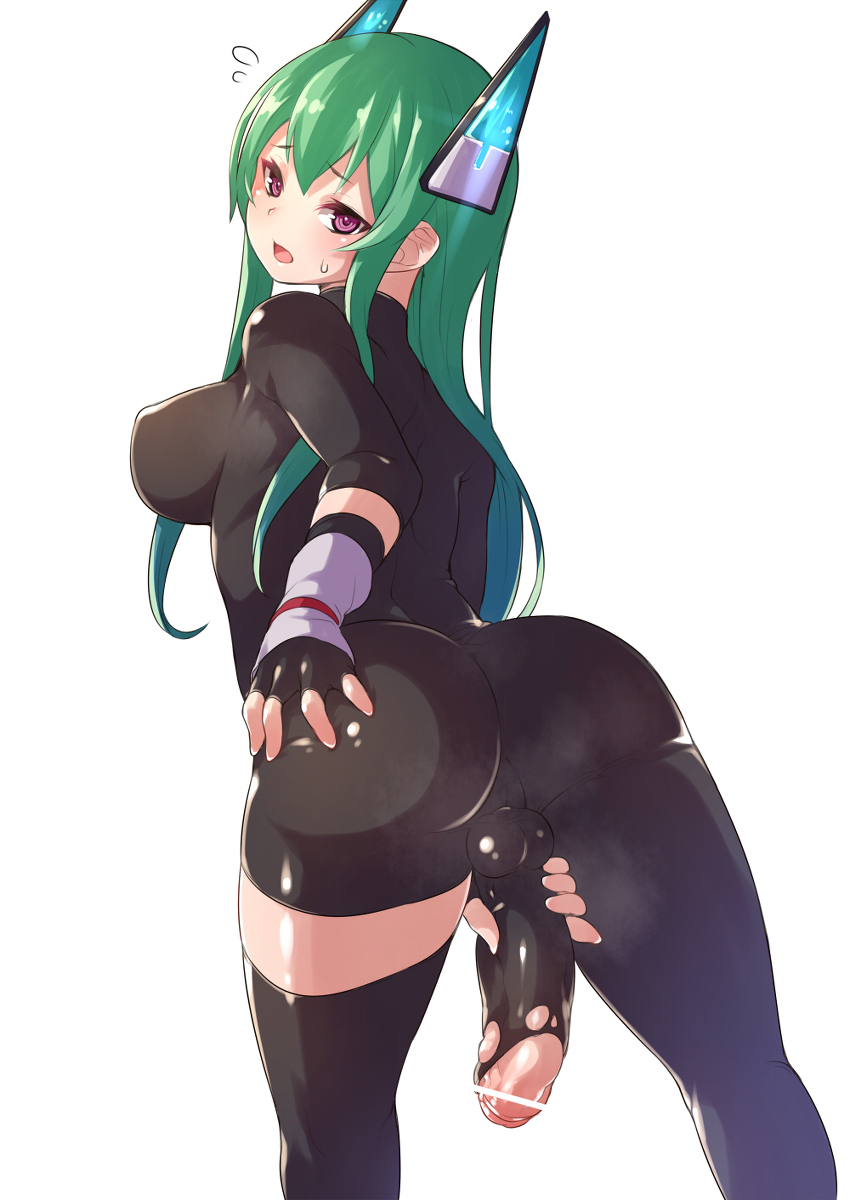 ass, balls, bar censor, bodysuit, breasts, combat s-ko, female, fingerless gloves, foreskin, full-package futa, futa only, futanari, grabbing own ass, green hair, hair ornament, intersex, long hair, open mouth, partially retracted foreskin, penis, red eyes, retracted foreskin, simple background, sweat, testicles, tight clothing, torn bodysuit, torn clothes, uncircumcised