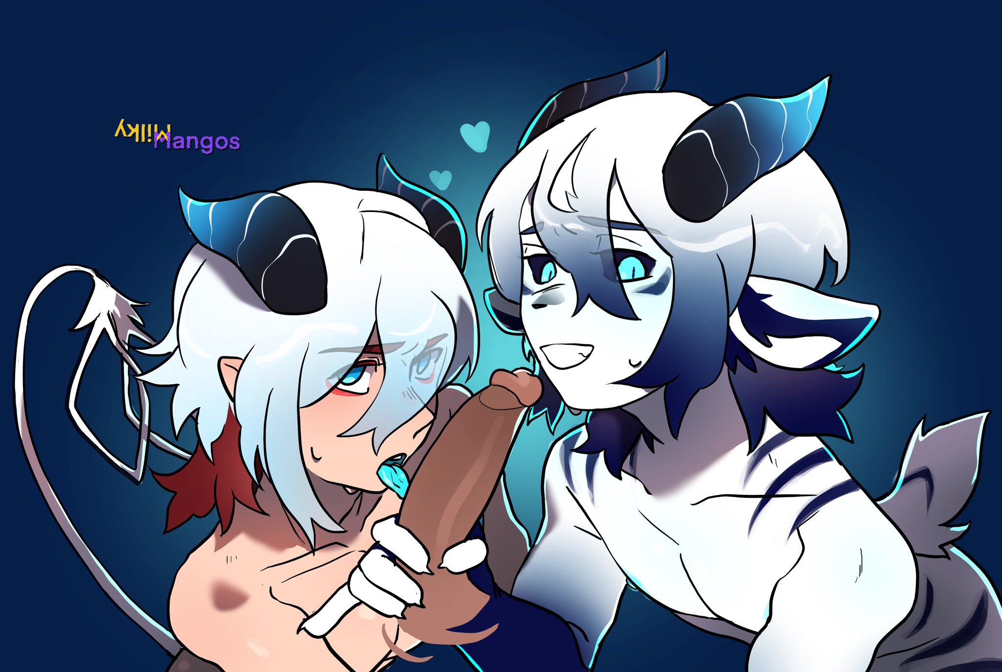 2025, 2d, 2d (artwork), 2femboys, 3boys, anthro, blue eyes, caelum (vtuber), dick, femboy, femboy focus, furry-lum, gay, handjob, high resolution, highres, indie virtual youtuber, licking, licking penis, male, male only, milkymangoss, oral, penis, tongue, tongue out, twink, virtual youtuber, yaoi