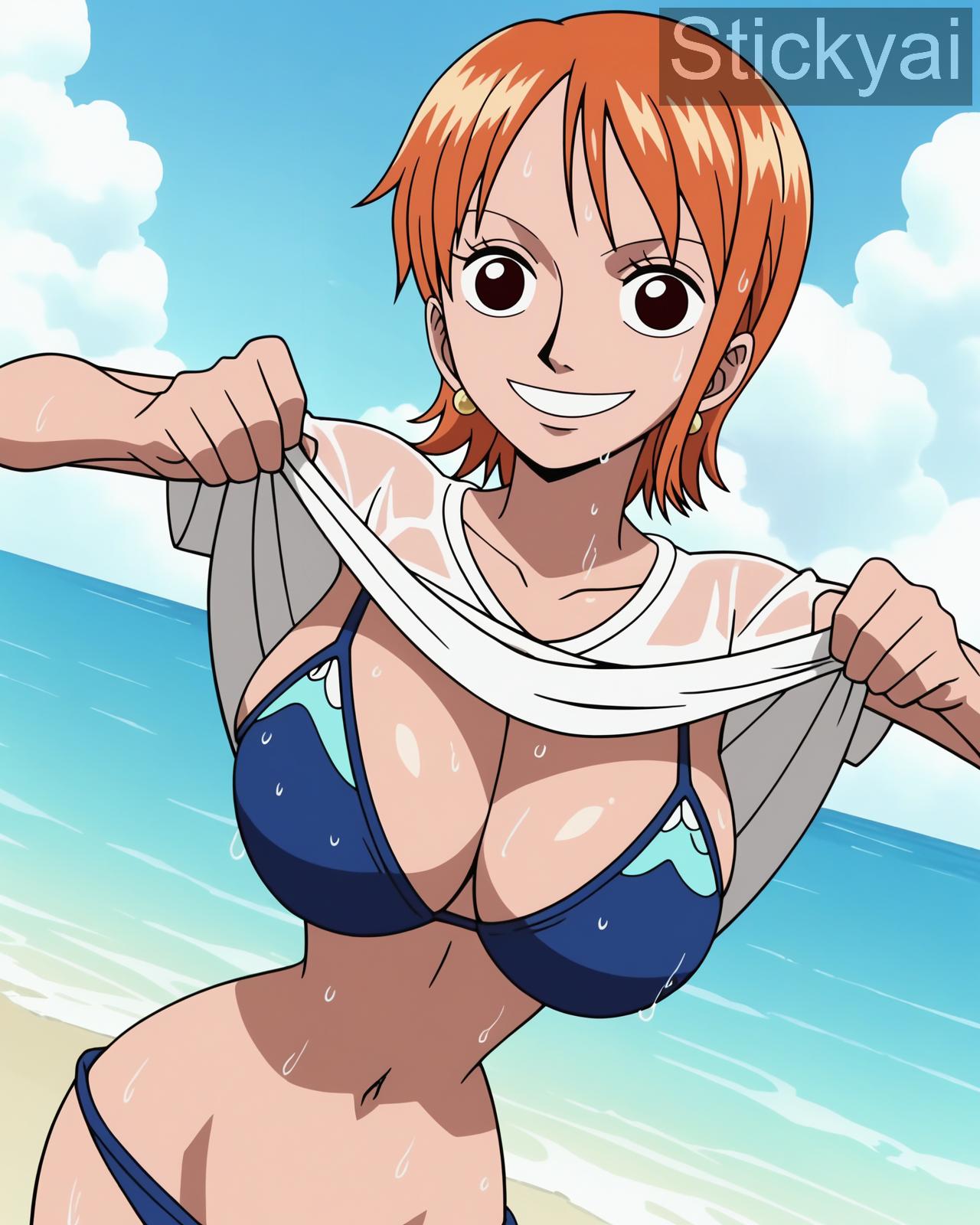 ai_generated beach bikini bikini_under_clothes clothing female female_only large_breasts nami nami_(classic) nami_(one_piece) one_piece orange_hair pre-timeskip shirt_lift short_hair stickyai wet