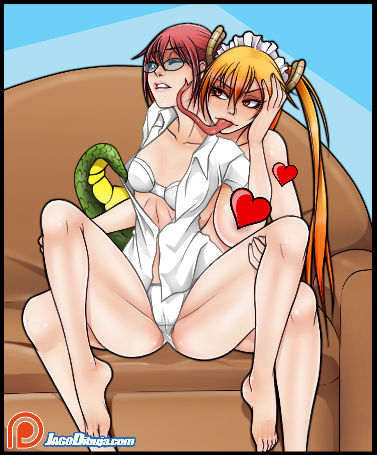 2girls, artist name, ass, bare shoulders, barefoot, belly, blonde hair, bra, breasts, cleavage, closed eyes, covered breasts, dragon, dragon girl, dragon horns, dragon tail, eyewear, feet, female, female only, heart, high resolution, hips, horns, jago dibuja, kobayashi, large breasts, legs, long hair, long tongue, megane, miss kobayashi's dragon maid, monster girl, multiple females, multiple girls, pantsu, patreon, red hair, small breasts, spread legs, tail, thighs, tied hair, toes, tohru (dragon maid), tongue, tongue out, topless, twintails, underwear, web address, yellow eyes, yuri