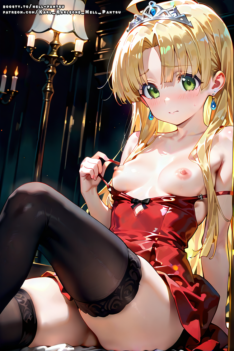 ahoge ai_generated asia_argento blonde_hair female green_eyes hell-pantsu high_school_dxd long_hair nipples red_dress small_breasts solo