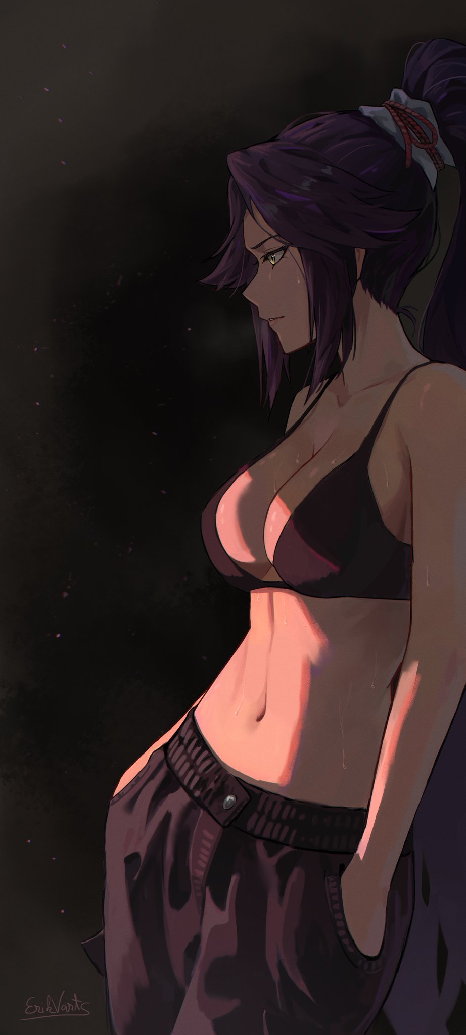 1girls big_breasts bleach bra breasts cleavage dark-skinned_female dark_skin erikvarts female female_only fit_female long_hair midriff navel ponytail purple_hair shihouin_yoruichi solo sweatpants toned