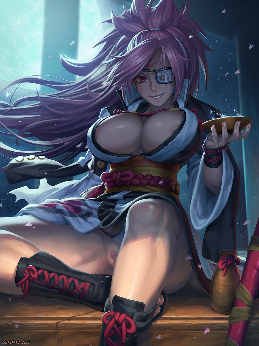 1girls, areola slip, areolae, baiken, breasts, cleavage, cup, eye patch, female, female only, goggles, guilty gear, guilty gear xrd, high resolution, large breasts, long hair, night, nopan, pink hair, ponytail, pubic hair, pussy, red eyes, sakazuki, sefuart, sitting, smile, solo, thighs, tied hair, vagina