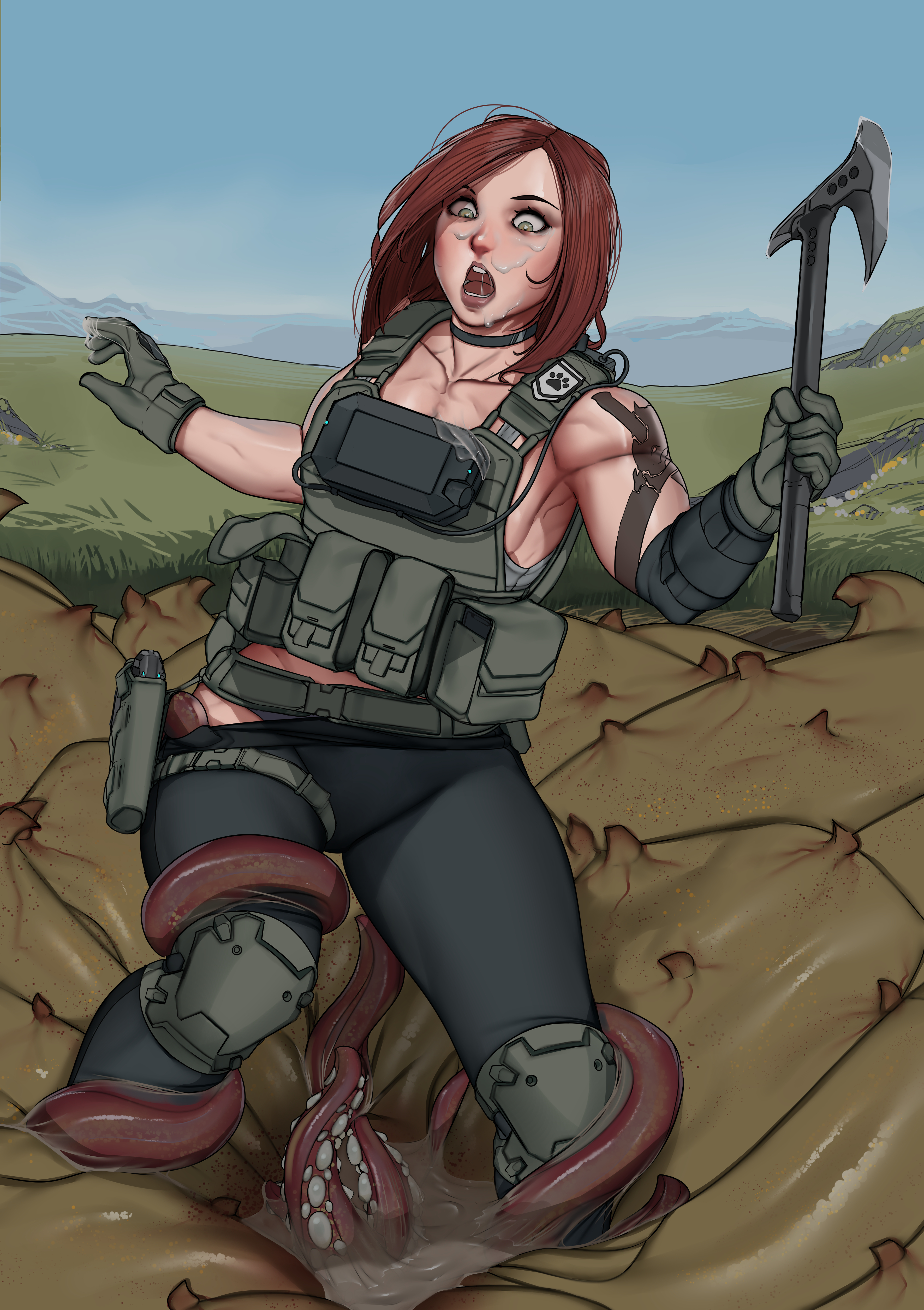axe, female, female vs trapdoor lilypad, forced sex, impregnation, interspecies, monster, monster hunter, monster on female, naked female, red hair, tentacle, vore, zerogravitas
