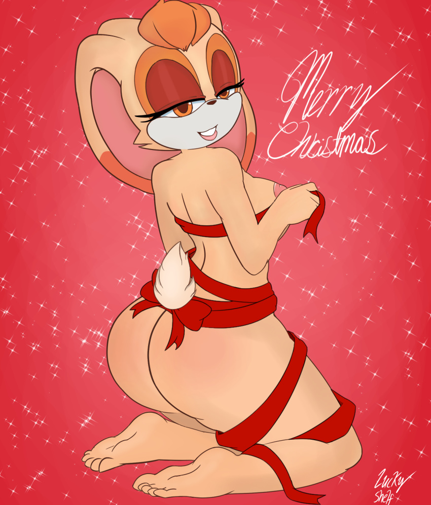 anthro ass big_ears christmas feet female hi_res holidays humanoid lagomorph leporid lipstick lucky_shelf makeup mammal rabbit ribbons smile smiling_at_viewer solo sonic_(series) sonic_the_hedgehog_(series) tail_tuft tuft vanilla_the_rabbit