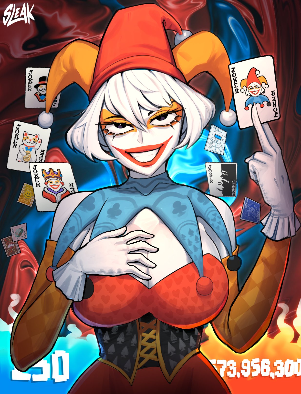 1girls balatro bare_shoulders big_breasts boobs_bigger_than_head breasts breasts breasts breasts_bigger_than_head card card_game cards cleavage clown clown_costume clown_girl clown_makeup corset cute cute_face cute_girl exposed_shoulders eyeshadow female fully_clothed fully_clothed_female hand_on_chest holding_card holding_object huge_breasts jester jester_cap jester_costume jester_girl jester_hat jester_outfit jimbo_(balatro) looking_at_viewer revealing_clothes seductive seductive_body seductive_eyes seductive_female seductive_gaze seductive_look seductive_mouth seductive_pose seductive_smile sleakj3 smiling_at_viewer solo solo_female solo_focus tits_bigger_than_head video_game video_game_character video_games white_body white_hair white_skin