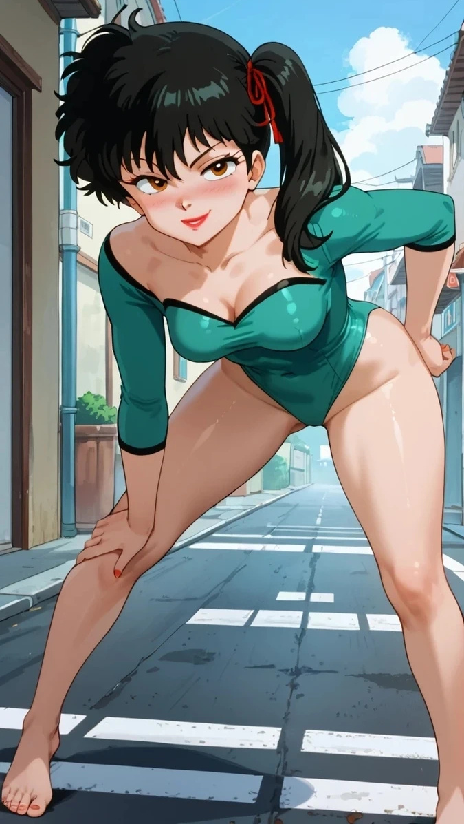 ai_generated asian asian_female athletic_female bare_legs bare_thighs black_hair brown_eyes clothing gym_clothes kodachi_kuno light-skinned_female light_skin looking_at_viewer momohachi_r ranma_1/2 side_ponytail small_breasts smiling solo_female thighs