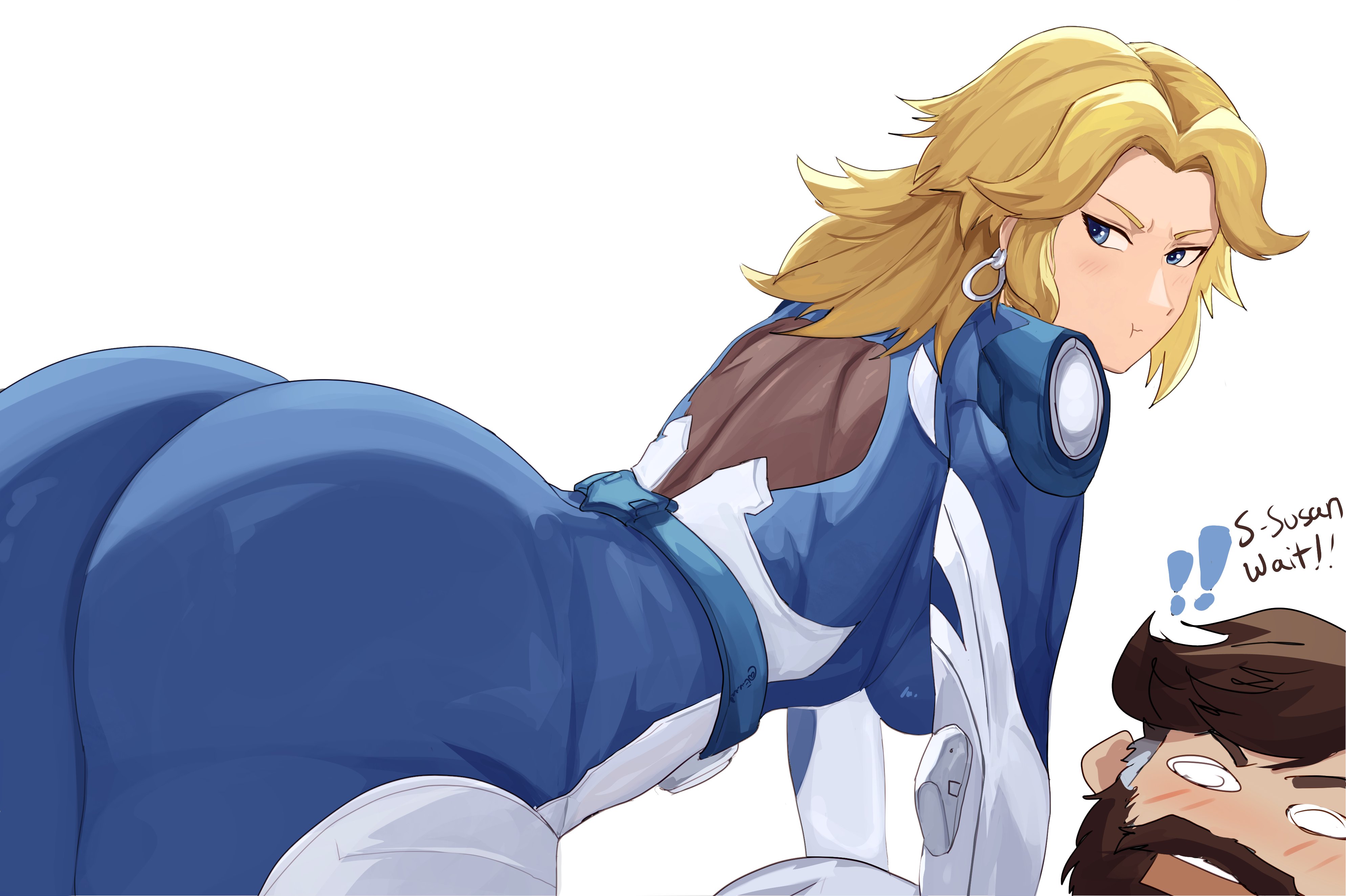 e v o n 0, 1boy, 1girls, 2d, adult, ass, ass focus, beard, bent over, blonde hair, blue eyes, blush, bodysuit, brown hair, bubble ass, bubble butt, canon couple, earring, fantastic four, female, invisible woman, invisible woman (marvel rivals), male, marvel, marvel comics, marvel rivals, mr fantastic, mr fantastic (marvel rivals), on all fours, pout, reed richards, sue richards, sue storm, thick ass, white background
