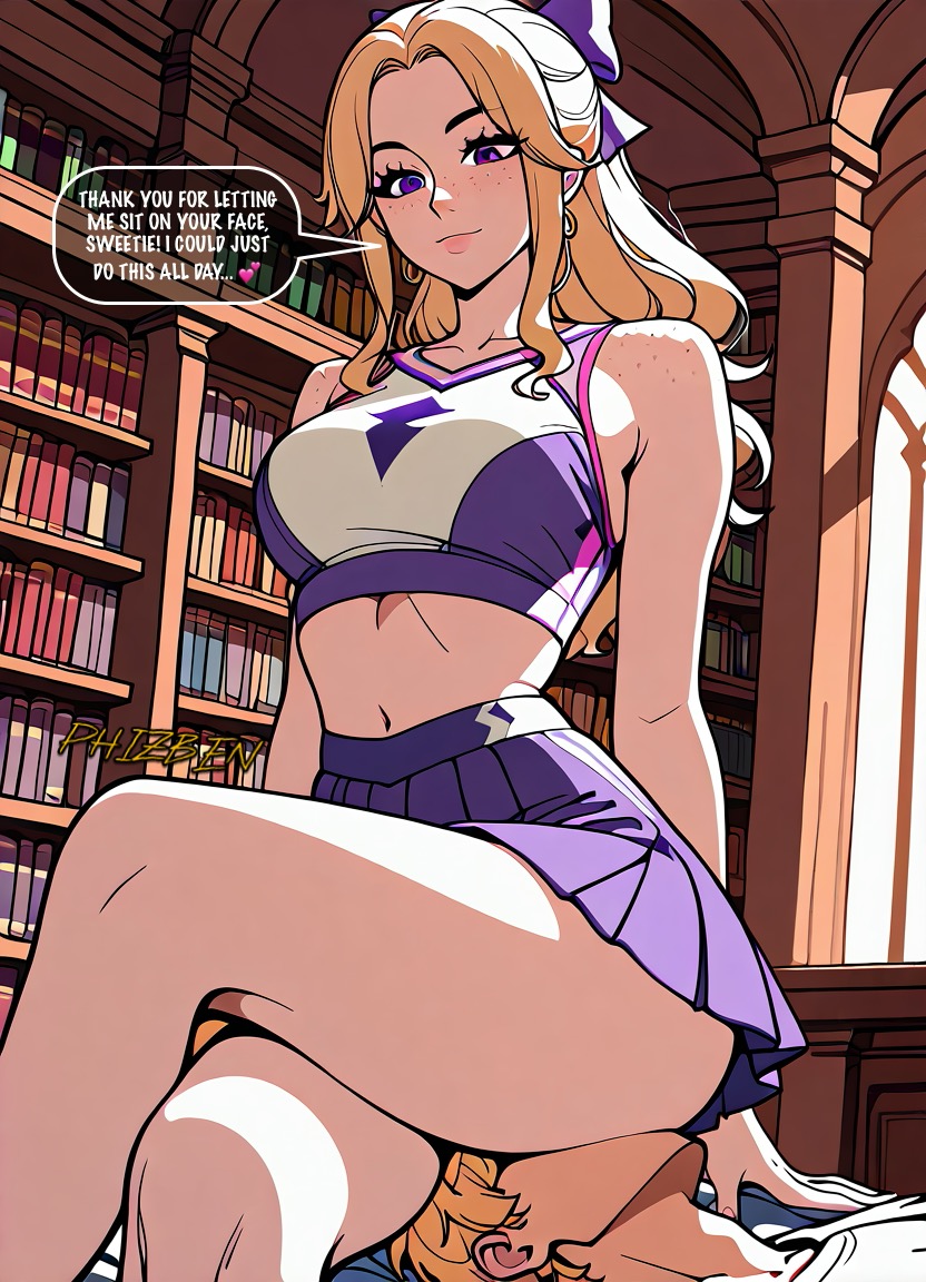 1boy, ai generated, caption, cheerleader, cheerleader uniform, dialogue, facesitting, female, femdom, fortnite, fortnite: battle royale, haylee skye (fortnite), legs crossed, male, phizben, sitting on face, sitting on person, word balloon