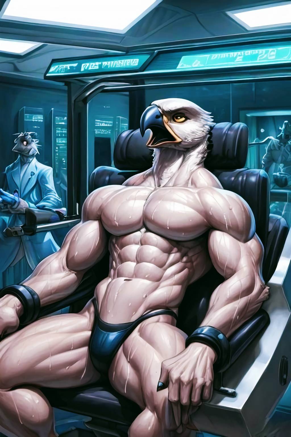 abs after_transformation ai_generated anthro athletic athletic_male avian biceps bird bound cuff_(restraint) cuffs eagle experiment furry lab muscle_growth muscles muscular muscular_male pecs serum steroids super_soldier sweat test_subject transformation triceps