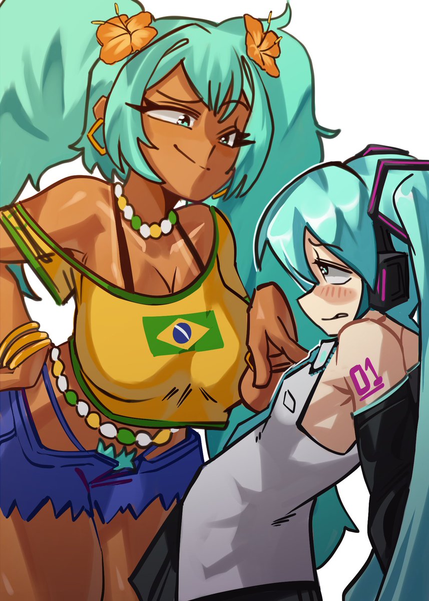 bigger_female brazilian brazilian_miku hatsune_miku height_difference looking_down moxydrawsmore multiple_girls pubic_hair selfcest shorts size_difference skyblue_hair smaller_female tall_female taller_girl tan_body tank_top tanline tanned-skinned_female tanned_female tanned_skin white_skin