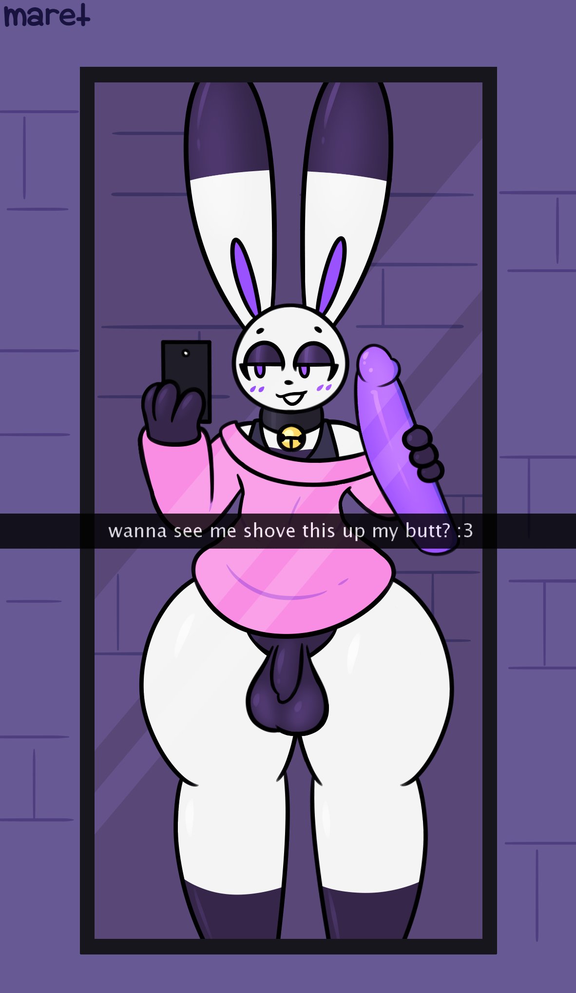 2023 anthro bell_collar bottom_heavy bunmy caption choker collar dildo evilfiendish femboy flaccid fur furry imminent_masturbation mare_(evilfiendish) mirror mirror_selfie purple_eyes selfie smile thick_thighs whore_eyes