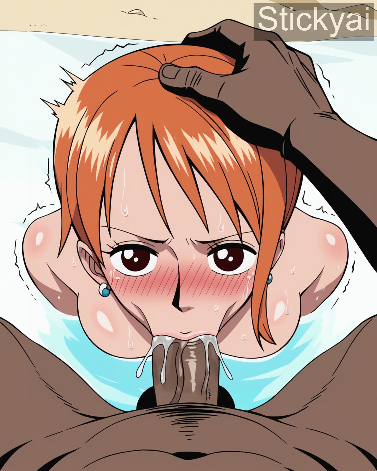 ai_generated beach fellatio female large_breasts male nami nami_(classic) nami_(one_piece) nude one_piece oral orange_hair pov pre-timeskip short_hair stickyai