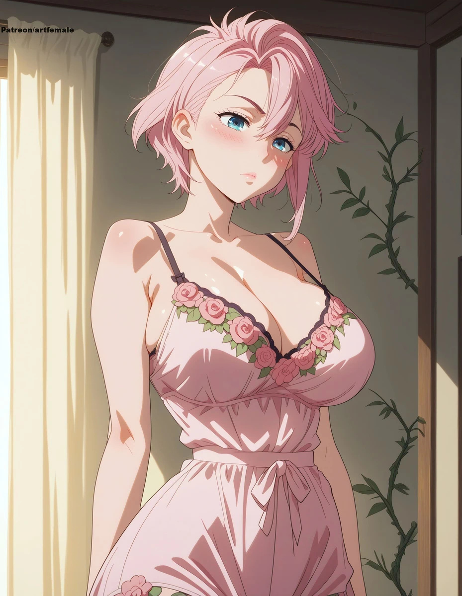 ai_generated artfemale blue_eyes blush dandadan gigantic_breasts huge_breasts light-skinned_female light_skin lingerie lingerie_only massive_breasts pink_hair shiratori_aira_(dandadan) short_hair shounen_jump+ solo_female squatting sweat sweatdrop thick_body thick_female voluptuous voluptuous_female