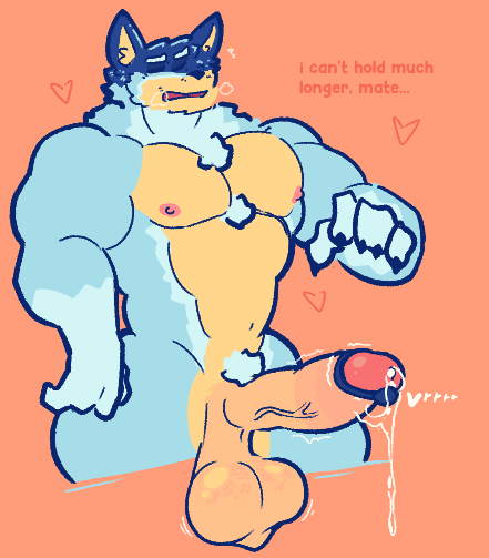 2025 anthro areola australian_cattle_dog balls bandit_heeler bara barazoku biceps big_balls big_muscles big_penis bluey_(series) blush bodily_fluids body_hair breath canid canine canis cattledog chest_hair claws closed_eyes dialogue domestic_dog dripping english_text erection eyebrows fur genital_fluids genitals glans heart_symbol herding_dog humanoid_genitalia humanoid_penis lose_it_mister male mammal motion_lines muscular muscular_anthro muscular_male navel nipples nude open_mouth pastoral_dog pecs penis precum precum_drip precum_string pubes red_background saggy_balls simple_background solo standing text thick_arms thick_penis throbbing throbbing_balls throbbing_penis tuft vein