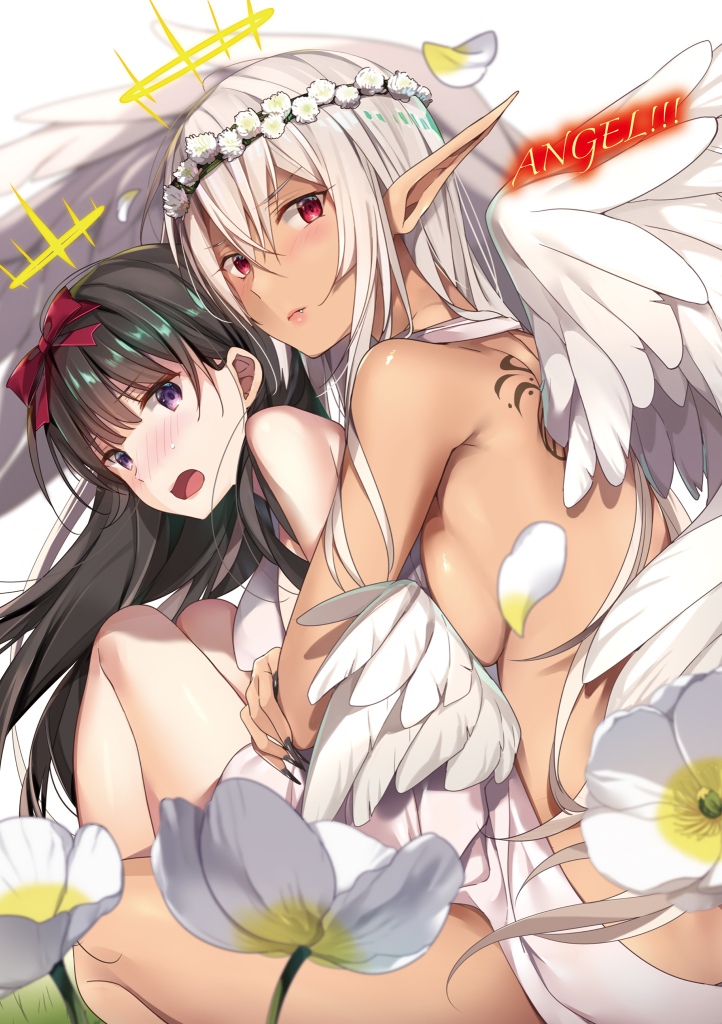 2girls angel_wings big_breasts black_hair breasts dark-skinned_female dark_elf dark_skin ecstas_online halo hug long_hair oerba_yun_fang purple_eyes red_eyes satanachia shizukuishi_non thighs wings