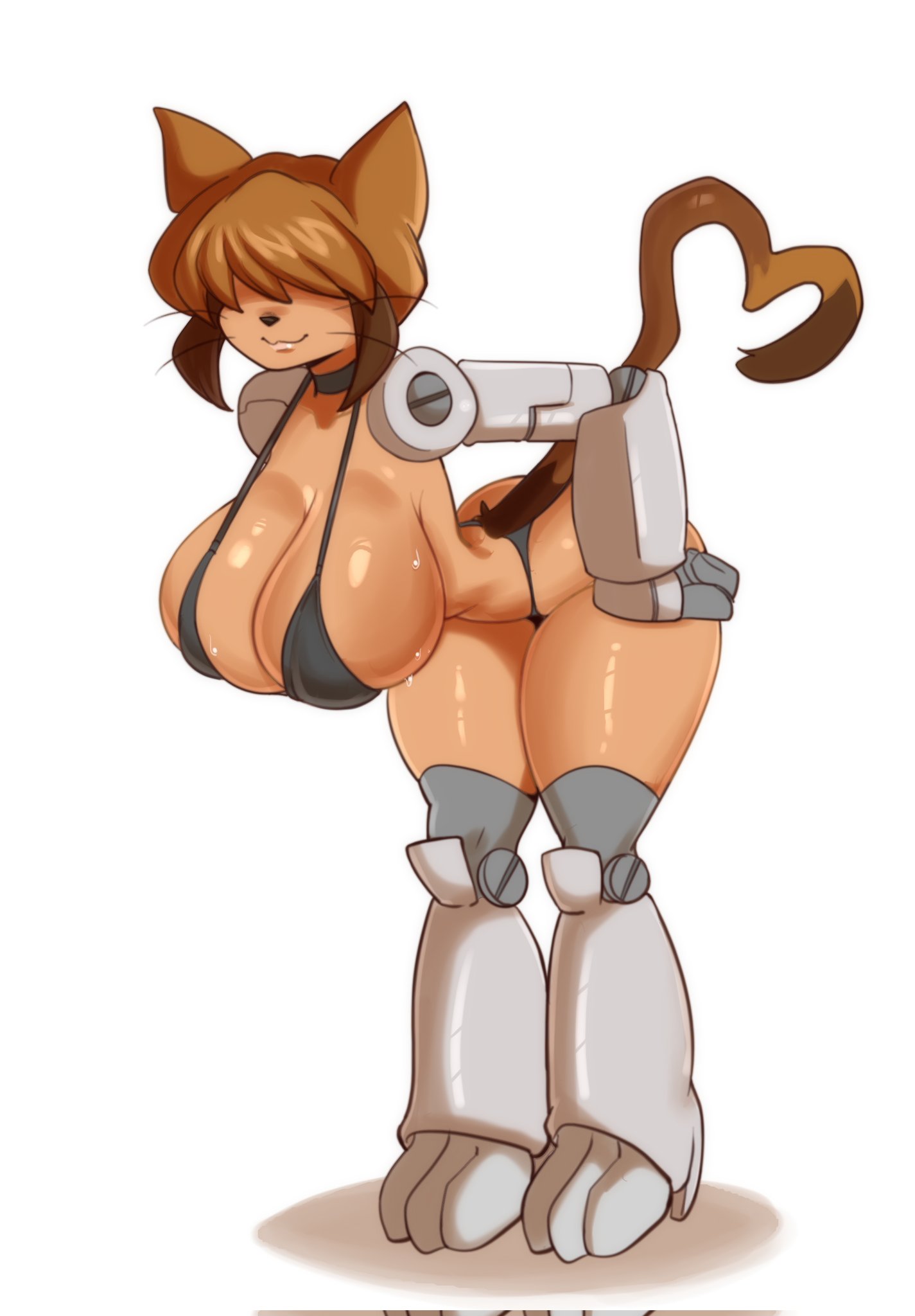 big breasts, bikini, breasts, cat tail, cleavage, clothed, clothing, cybernetic arm, female, furry, gameoverse, glitch productions, huge breasts, lucyfercomic, solo, tagme, thick thighs, wide hips