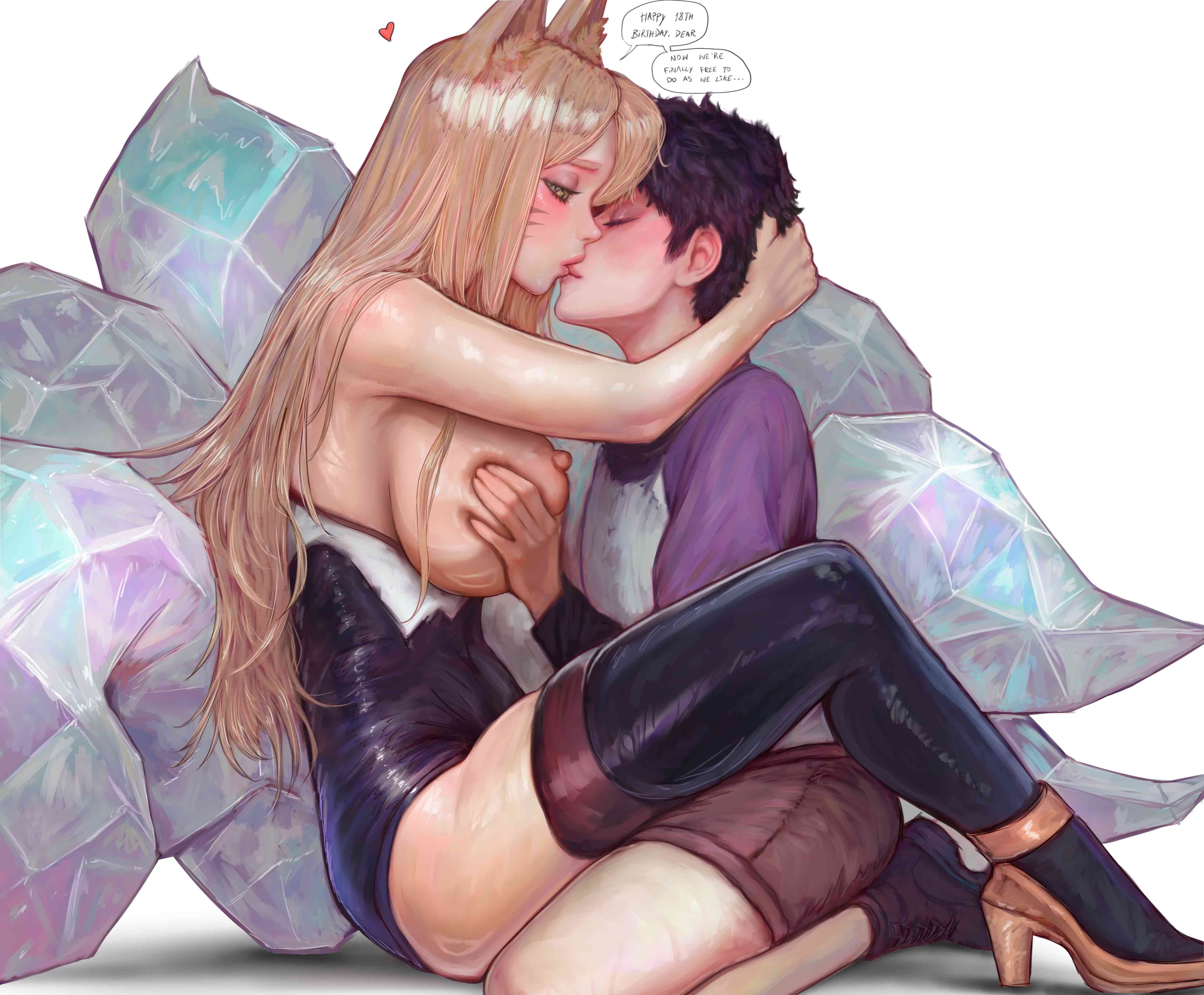 1boy, 1girls, ahri, ahri (league of legends), big breasts, bigger female, blimaxxx, boob squish, breasts, consensual, female, hi res, k/da ahri, kissing, large ass, large breasts, league of legends, long hair, nipples, older female, spread legs, straight, teenager, thighs, uncensored, wide hips, younger male