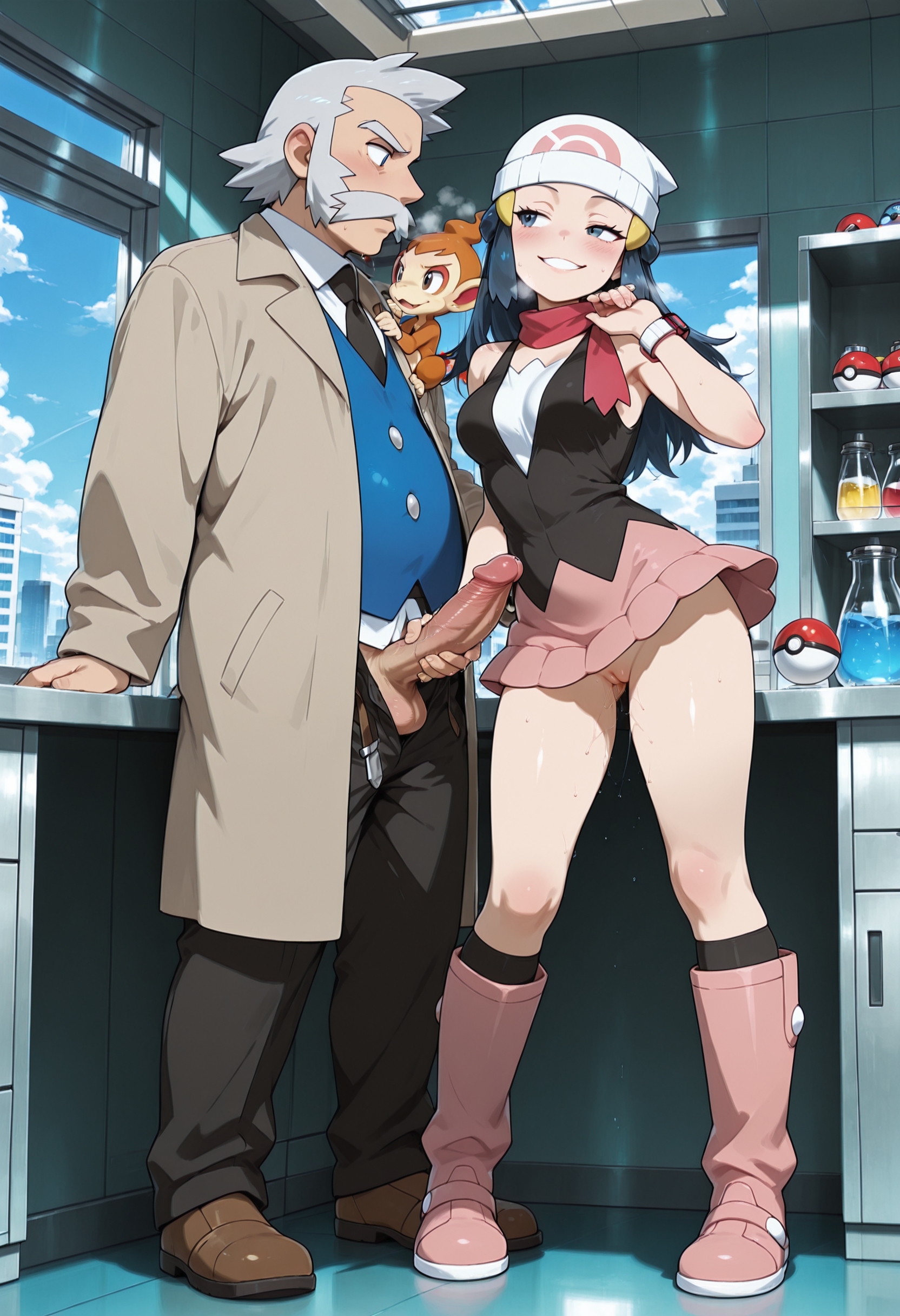 1boy, 1boy1girl, 1girl, 1girl1boy, 1girls, ai, ai art, ai assisted, ai generated, ai-created, chimchar, clothed, dawn (pokemon), erected penis, game freak, greymaker, holding penis, laboratory, medium breasts, naughty face, nintendo, old male, older male, older male and younger female, open clothes, open pants, penis, penis grab, penis out, pokemon, pokemon (anime), pokemon character, pokemon dppt, pokemon professor, pokemon protagonist, pokemon trainer, presenting penis, professor rowan, stable diffusion, teenage girl, uncensored, younger female, younger female older male