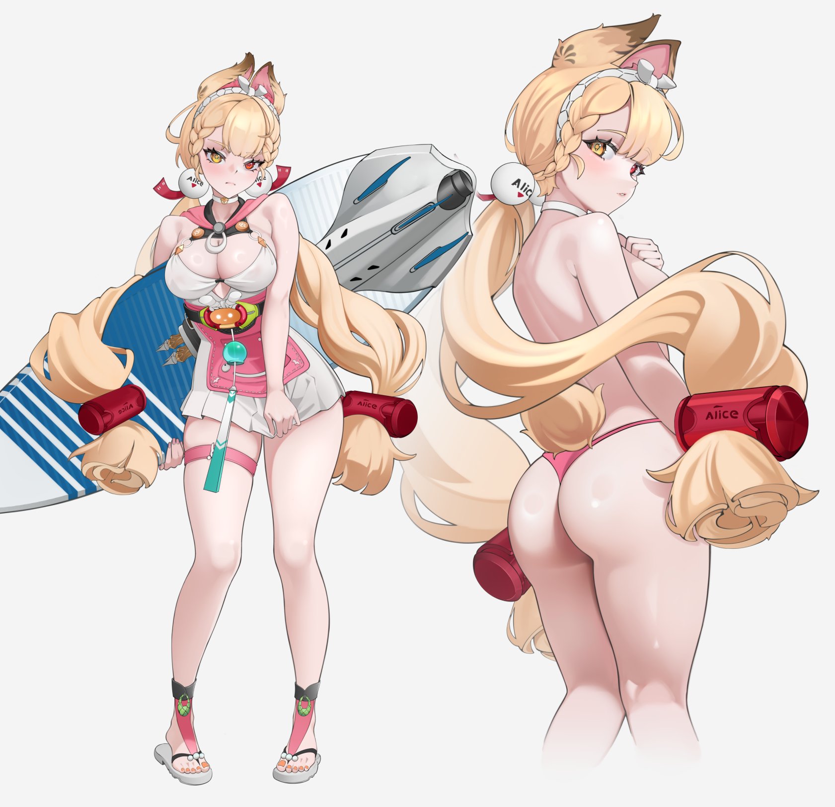1girls, 2020s, 2026, 2d, 2d (artwork), 2d artwork, 5 fingers, alice thymefield, alice thymefield (sea of thyme), ass, ass focus, back view, backboob, big boobs, big breasts, big tits, big titties, bikini bottom, blonde, blonde female, blonde hair, blonde hair female, blonde-haired female, blush, blushing, blushing at viewer, boobs, breasts, butt, cleavage, clothed, clothed female, clothes, convenient censoring, convenient censorship, curvy hips, digital drawing, digital media, ears, ears up, eyebrows, eyelashes, eyes, eyes open, female, female focus, female only, fingernails, fingers, fluffy ears, front view, furry ears, hips, holding, holding object, hoyoverse, humanoid, hyafumi, light skin, light skinned, light skinned female, light-skinned female, long ears, long hair, long hair female, looking at viewer, looking back, looking back at viewer, mihoyo, mihoyo technology (shanghai) co. ltd., mini skirt, miniskirt, multiple views, nails, neckwear, no dialogue, no text, nude, nude female, panties, partially nude, partially nude female, ponytail, ponytail female, ponytails, rabbit ears, rabbit tail, revealing clothes, revealing clothing, revealing outfit, revealing swimsuit, sandals, sexually suggestive, side boob, side view, sideboob, skirt, slight blush, slim, slim female, slim girl, suggestive look, surfboard, swimsuit, swimwear, textless, thick thighs, thighs, thiren, tied hair, tits, undressed, video game character, video game franchise, white background, yellow fur, yellow hair, yellow hair female, zenless zone zero