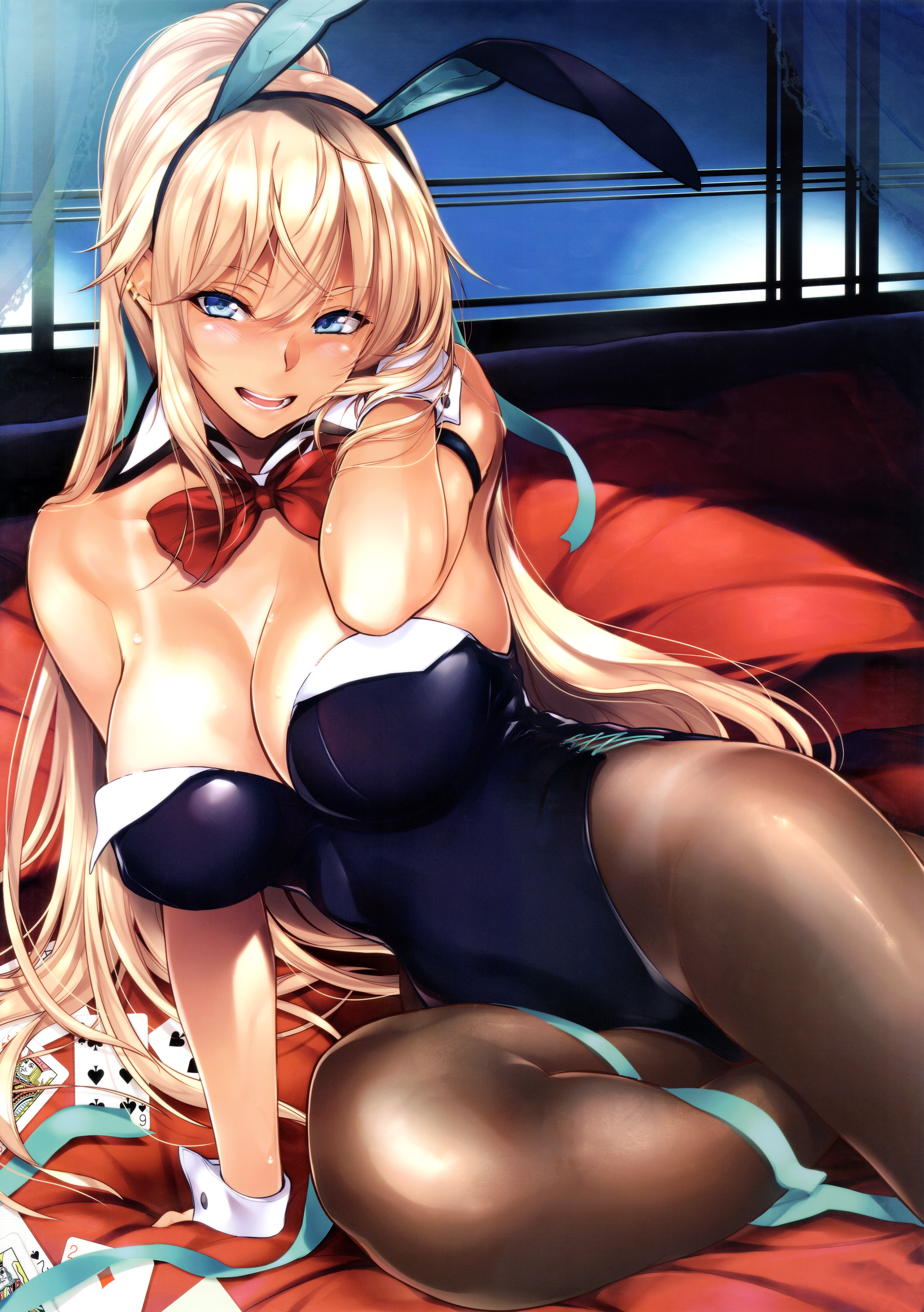 1girls, absurdres, animal ears, arm support, bangs, bare shoulders, bed, bed sheet, blonde, blonde hair, blue eyes, blush, bow, bow tie, bowtie, breasts, brown legwear, bunny ears, bunny girl, bunny suit, bunnysuit, card, cleavage, clothing, covered breasts, curvaceous, curvy, dark skin, dark-skinned female, detached collar, extremely large filesize, fake animal ears, female, female only, fesuta, hair ornament, hair ribbon, high resolution, hips, large breasts, large filesize, legs, leotard, lips, long hair, looking at viewer, oc, open mouth, original, original character, pantyhose, playing cards, ribbon, shiny, shiny skin, smile, solo, tan lines, tanlines, tanned, thighs, tie, very high resolution, very long hair, wrist cuffs