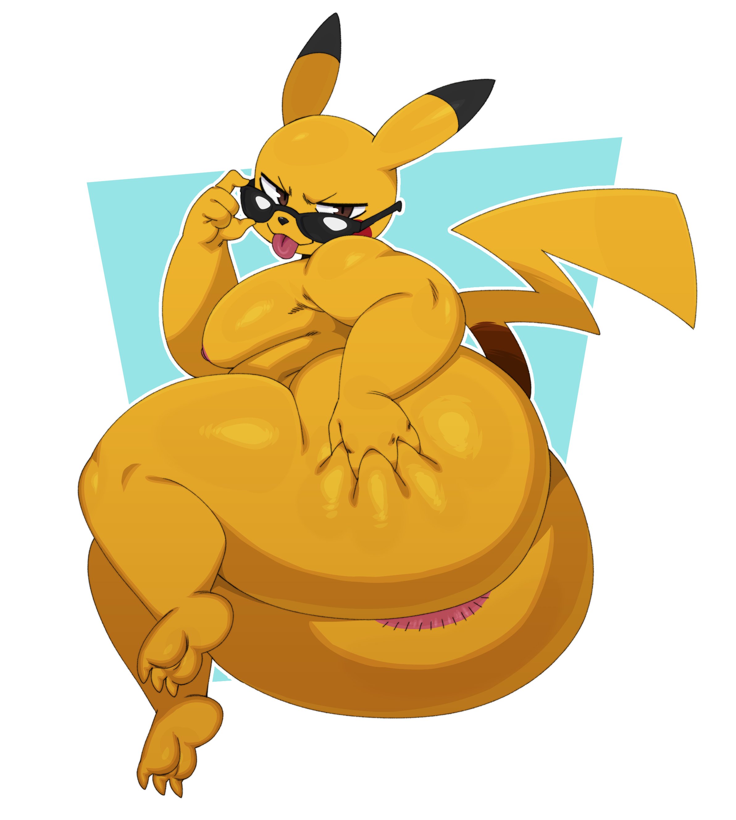 2026, 3 toes, 4 fingers, anime, anus, ass, ass grab, big anus, big ass, big breasts, big butt, big tail, black glasses, black nose, breasts, brown hair, butt, butt grab, chubby, cute, cute face, fat, fat ass, fat butt, feet, generation 1 pokemon, glasses, huge ass, huge butt, nintendo, overweight, pikachu, pokemon, pokemon (species), small nose, solo, sssonic2, tail, tongue, tongue out, video game character, video games, yellow body, yellow fur, yellow skin, yellow tail