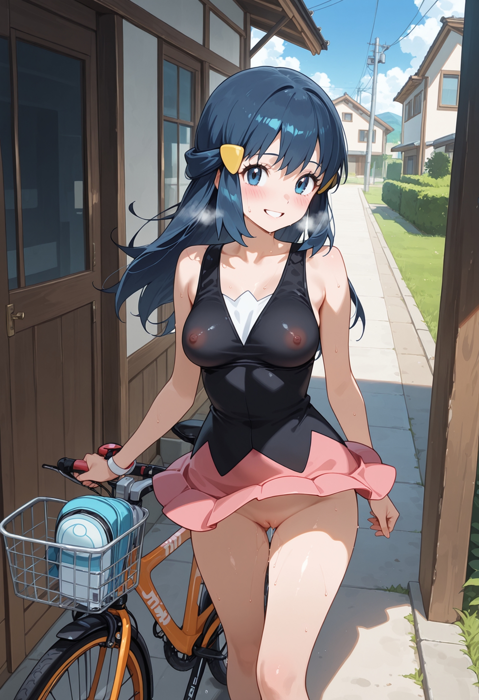 1girl, 1girls, ai, ai art, ai assisted, ai generated, ai-created, blush, dawn (pokemon), erect nipples, game freak, greymaker, medium breasts, nintendo, nipples through clothes, no panties, outdoors, pokemon, pokemon (anime), pokemon character, pokemon protagonist, pokemon trainer, pussy, pussy juice, pussy juice drip, skirt, skirt lift, solo, stable diffusion, teenage breasts, teenage girl, teenage tits, uncensored