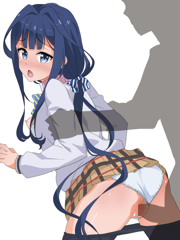 adagaki_aki arm_grab blue_eyes blue_hair blush bra breasts censored clothed_sex clothing female hair_ornament long_hair masamune-kun_no_revenge nipples open_mouth panties panties_aside pantyhose penis school_uniform sex skirt underwear vaginal_penetration