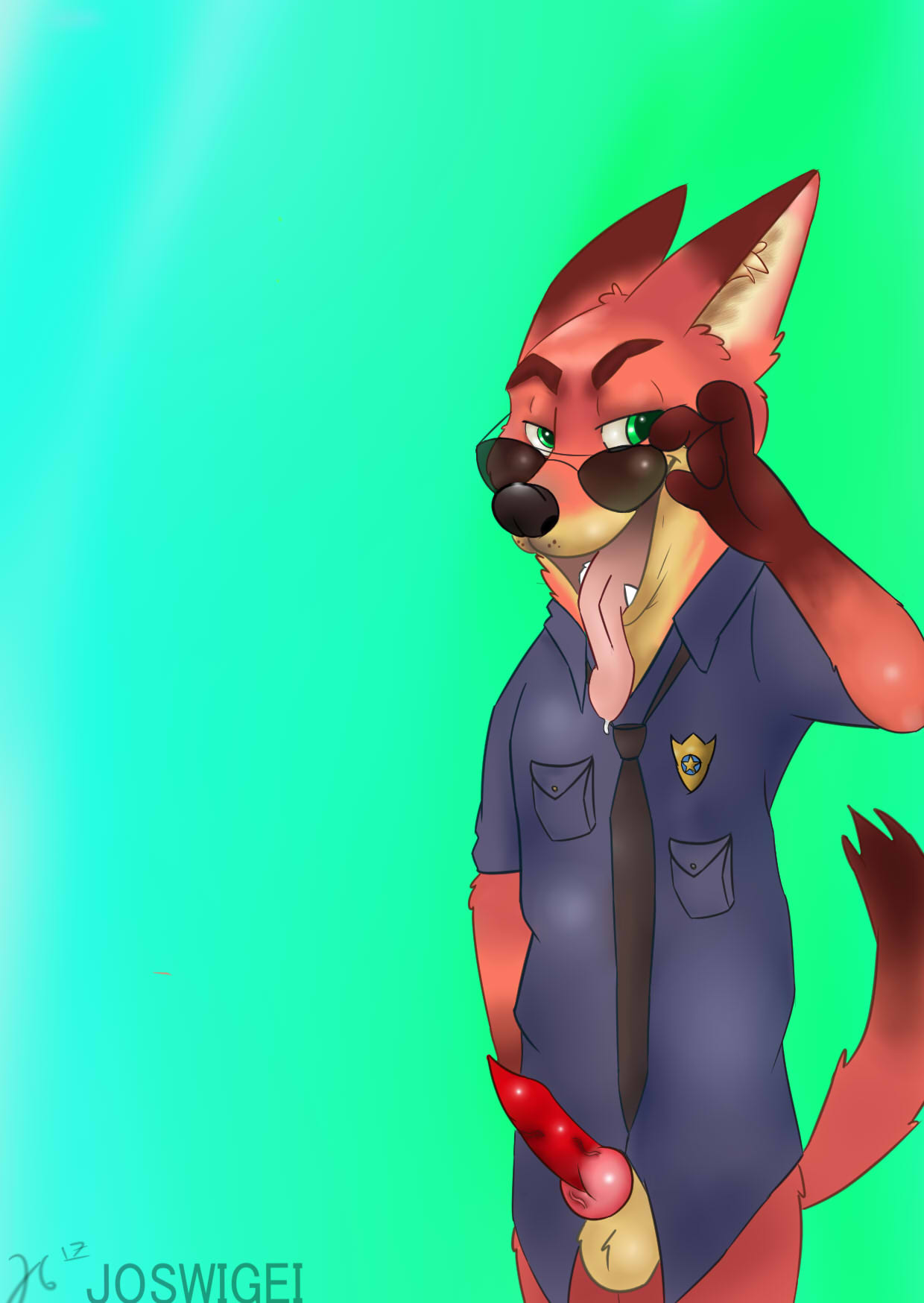 1boy animal_genitalia animal_penis canine canine_penis clothing disney drooling erection eyewear fox glasses invalid_tag joswigei knot male male_only mammal nick_wilde penis police saliva solo sunglasses zootopia