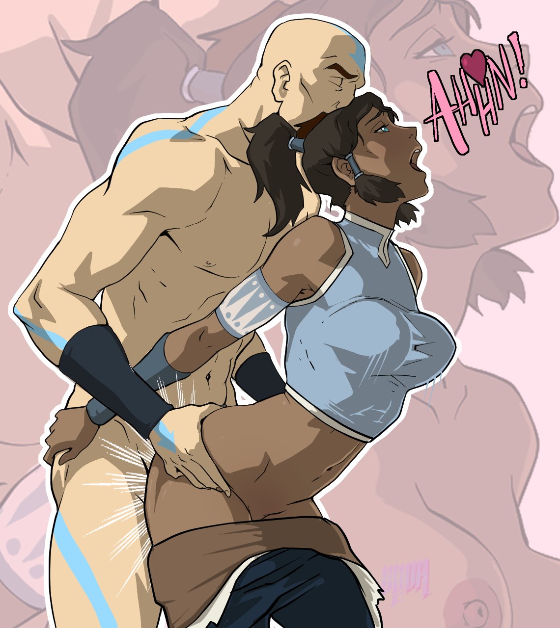 1boy, 1girls, 2d, adult and teenager, age difference, avatar legends, avatar the last airbender, bald, bald male, blue eyes, closed eyes, dark skin, dark-skinned female, dilf, face in hair, female, from behind, korra, light skin, light-skinned male, male, older male, open mouth, pants down, pleasure face, ponytail, sex, size difference, standing doggy style, standing sex, straight, tattoo, teacher and student, tenzin, the avatar, the legend of korra, undrsydr, younger female
