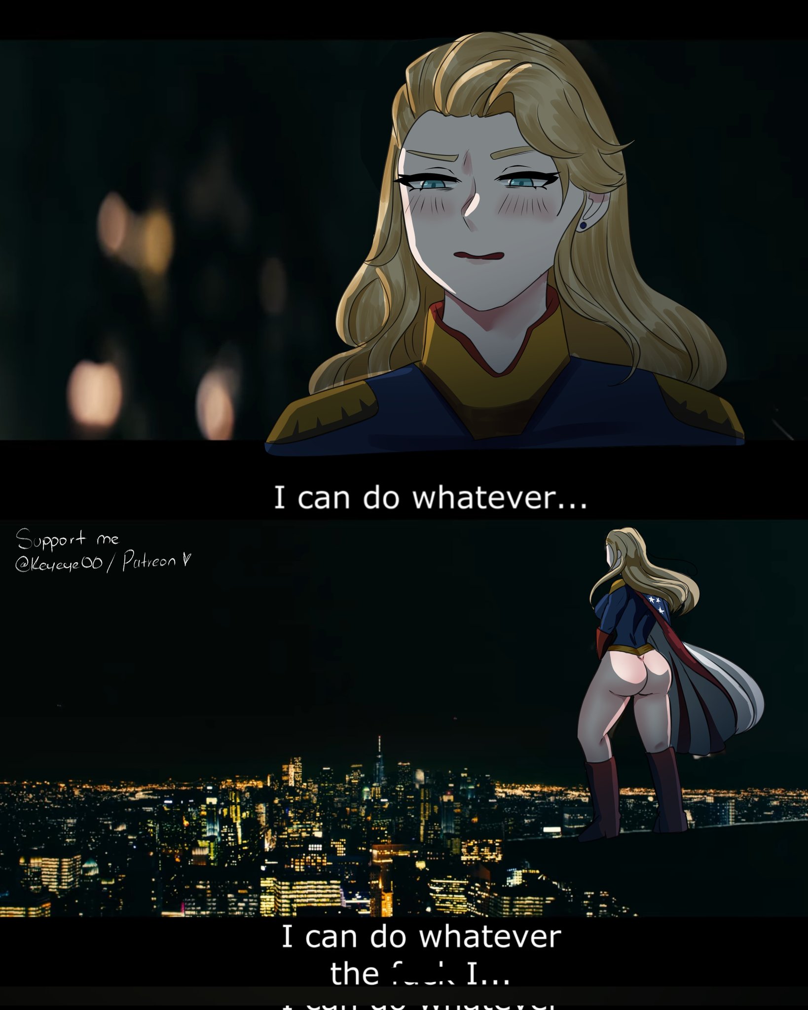 1girls, ass, big ass, big breasts, blonde hair, blue eyes, breasts, canonical scene, cape, clothed, clothing, color, comic, dialogue, english text, female, female focus, female only, femlander, genderswap, genderswap (mtf), homelander, keyeye00, light skin, long hair, looking down, nipples, open eyes, open mouth, outdoors, partially clothed, rule 63, scene reference, text, the boys, twitter link