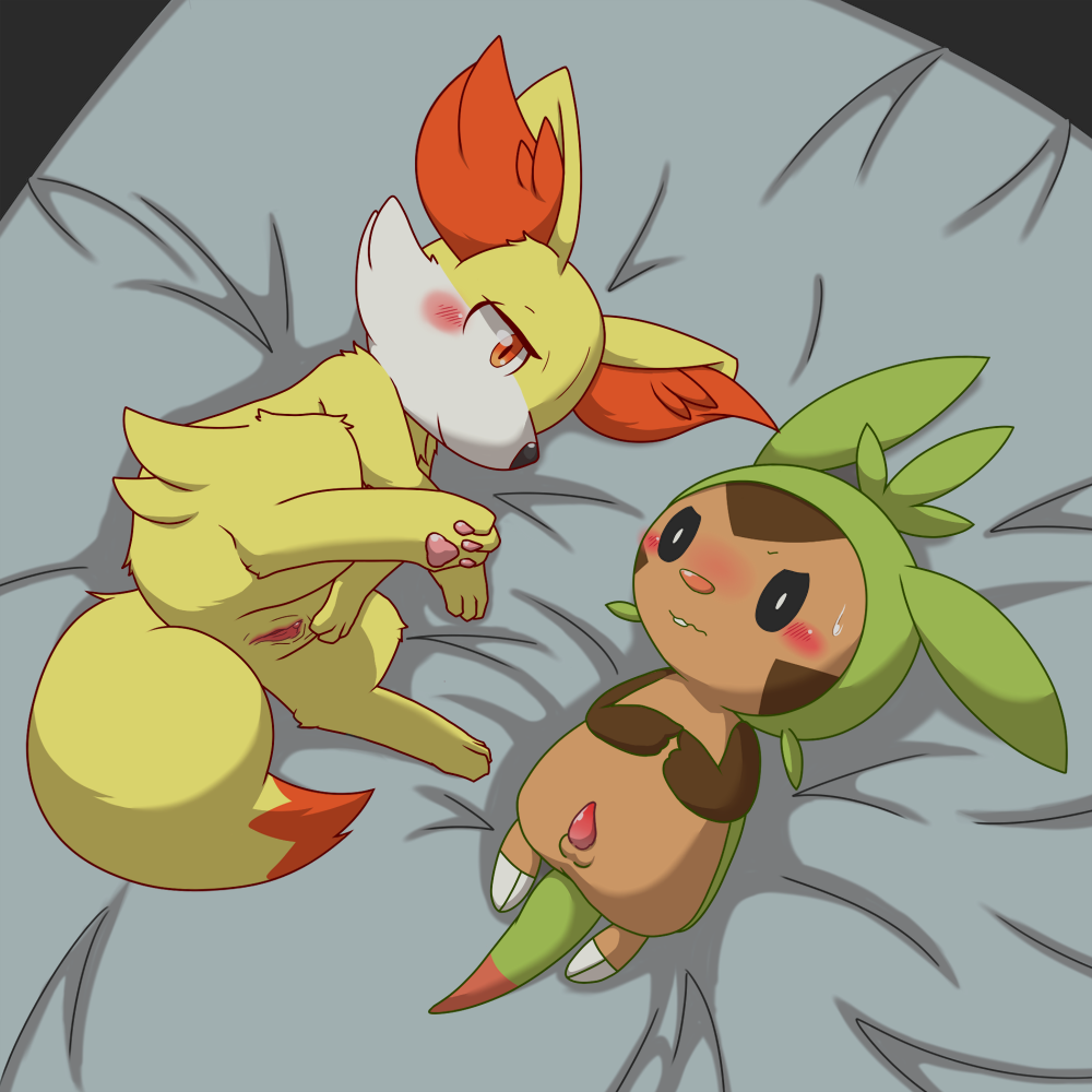 1boy 1girls bed_sheet bedding blush canine chespin duo female fennekin feral fox furry hindpaw male mammal nintendo pawpads paws penis pisho pokemon pokemon_(species) pokemon_xy pussy smile spreading sweat testicles video_games