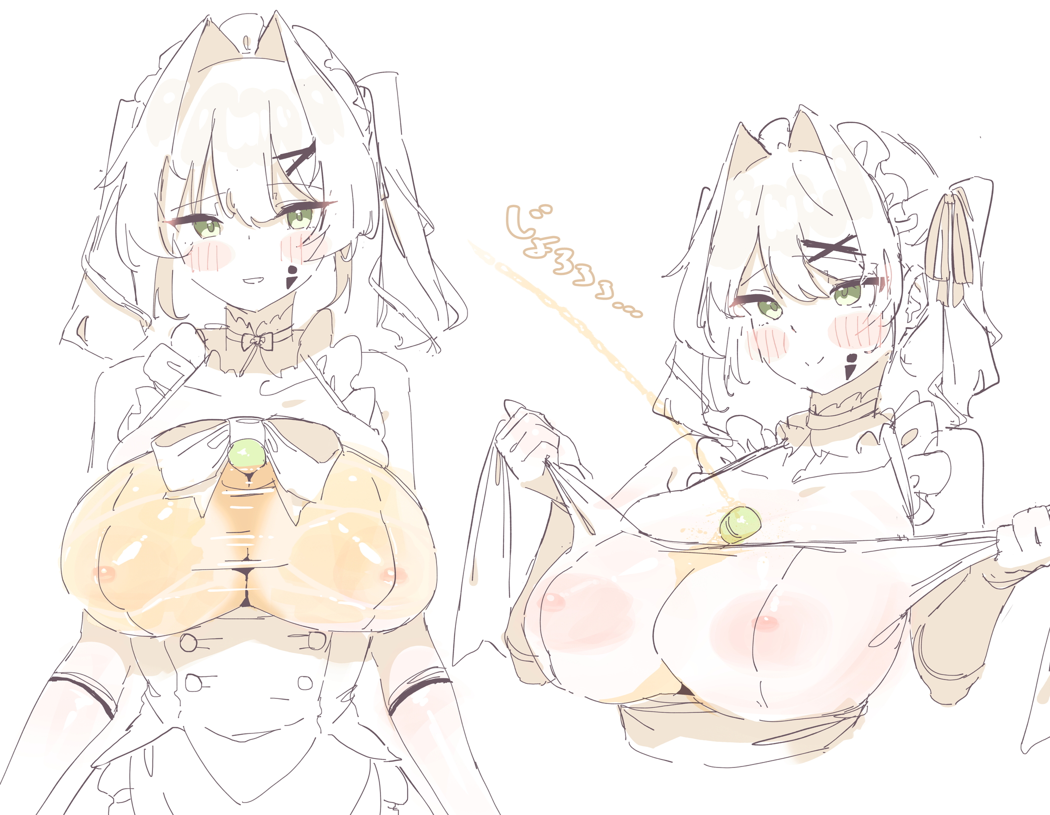 1girls, blush, facial mark, female, golden shower, green eyes, hair ornament, hair tie, multiple views, nipples, original, peeing, see-through clothes, sound effects, tiffany blews, white background, x hair ornament