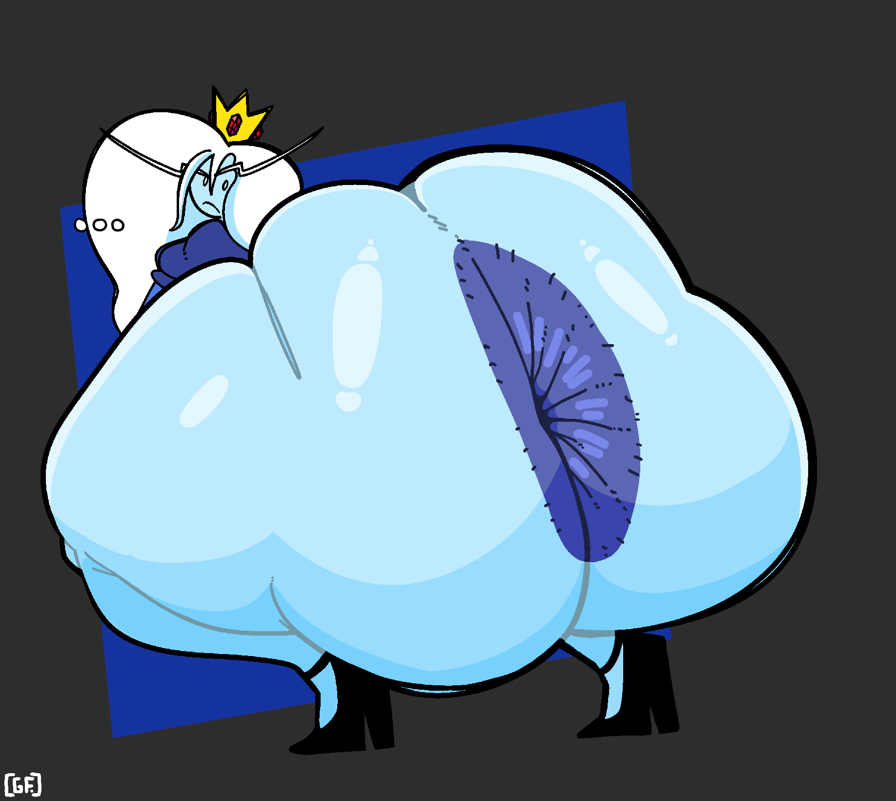 1girls, adventure time, adventure time: fionna & cake, anus, ass, ass focus, big anus, big ass, blue skin, crown, cyan skin, dress, dress lift, ghostfuckrr, high heels, ice queen (adventure time), looking at viewer, looking back, pantless, white hair
