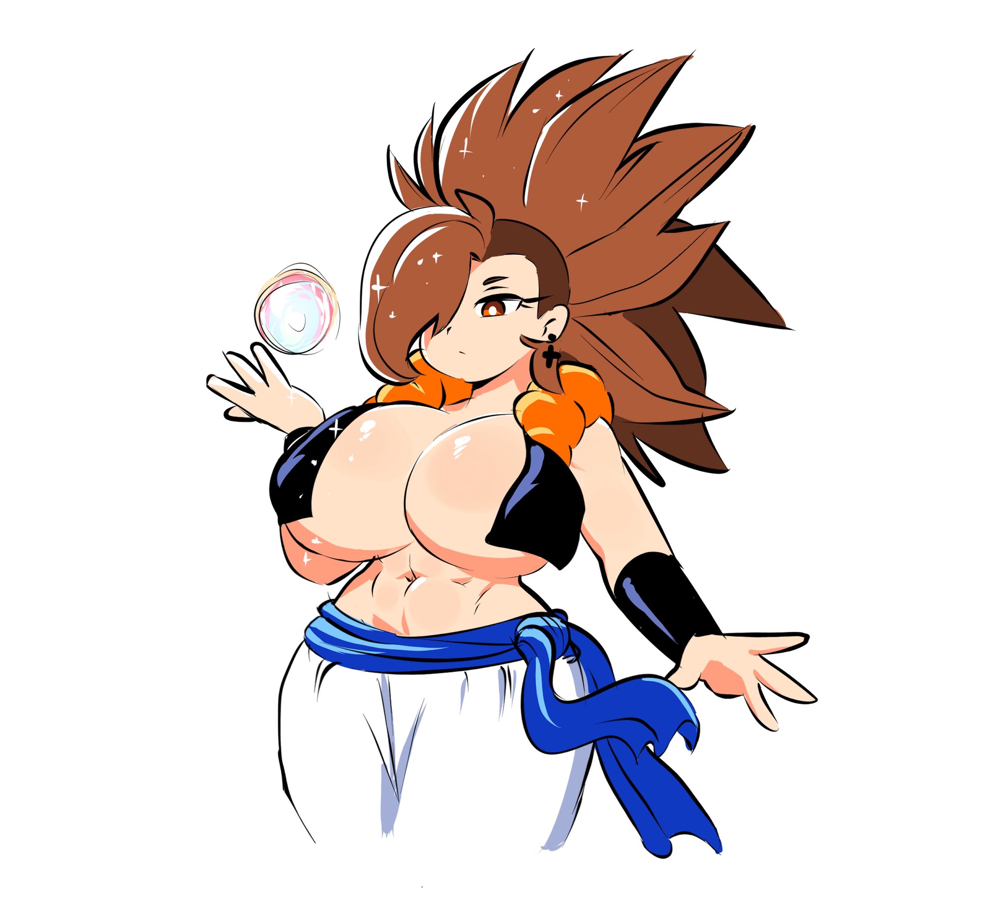 dragon ball, dragon ball z, gogeta (cosplay), hair over one eye, large breasts, light-skinned female, midriff, quavernsfw, tammy, tammy (tammynsfw)