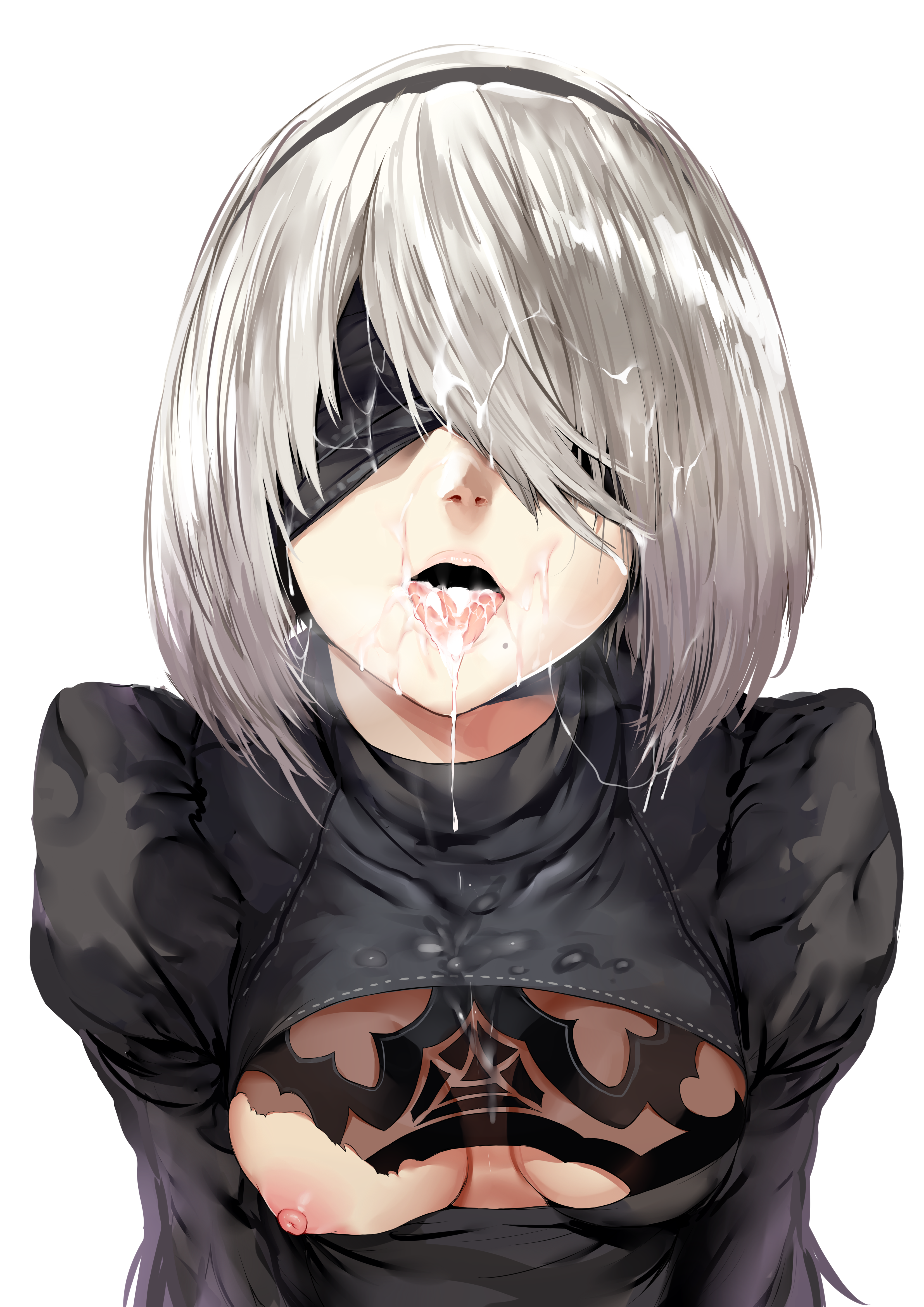 1girls, absurdres, beauty mark, black dress, black legwear, black thighhighs, blindfold, boots, breasts, cleavage, cleavage cutout, covered eyes, cum, cum in mouth, cum on body, cum on clothes, cum on hair, cum on tongue, cum on upper body, dress, facial, facing viewer, fellatio, female, female only, hair ornament, hairband, hews hack, high heel boots, high heels, highleg, highleg leotard, highres, holding sword, holding weapon, juliet sleeves, large filesize, leotard, long sleeves, mole, mole under mouth, nier, nier: automata, nipples, one breast out, open mouth, oral, puffy sleeves, shoes, short hair, silver hair, small breasts, solo, sword, thigh boots, thighhighs, tongue, tongue out, upper body, weapon, yorha 2b
