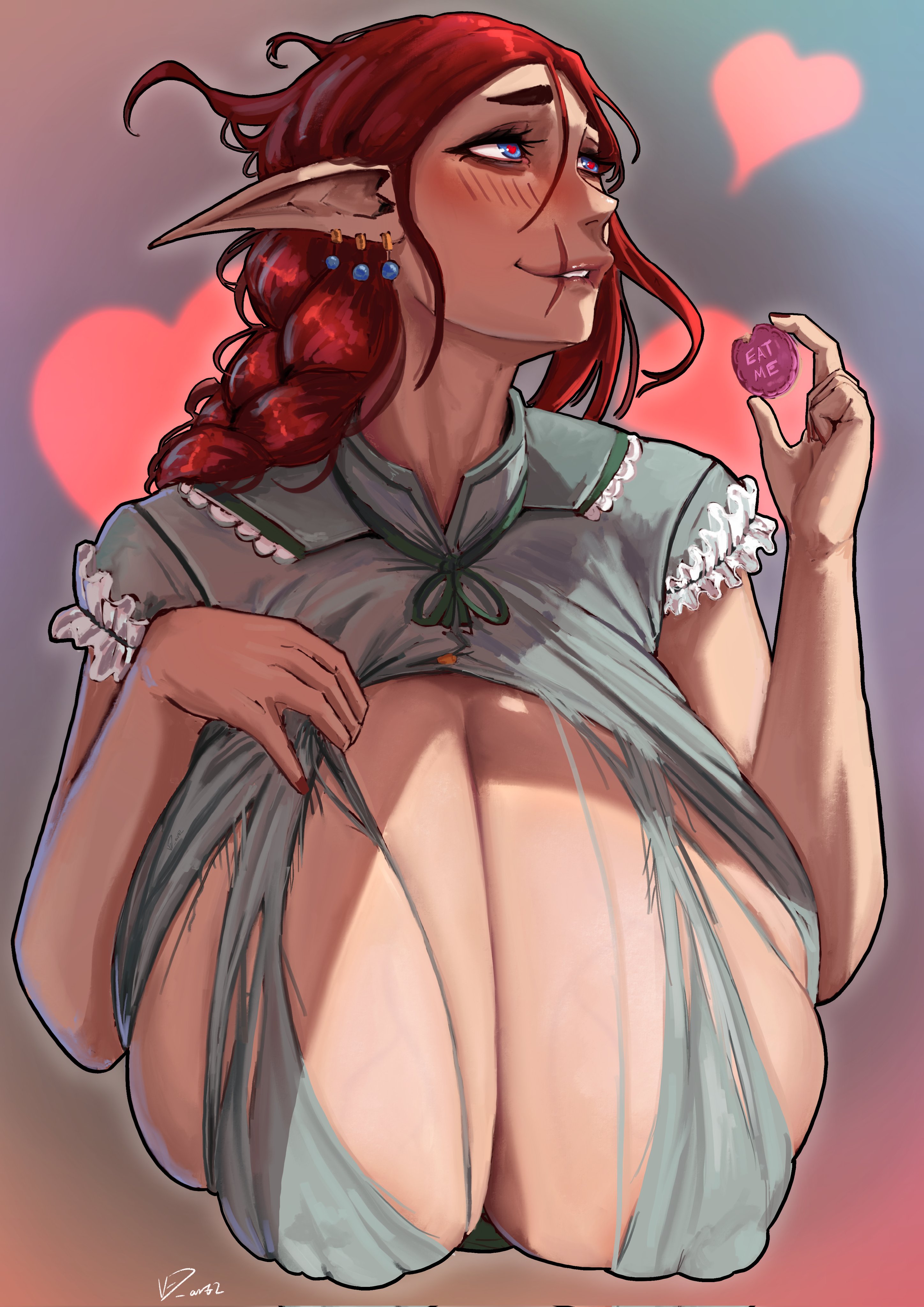 1girls, blue eyes, blush, bust, earrings, elf, elf ears, female, female only, gigantic breasts, heart, heart-shaped pupils, lips, long hair, looking up, marianne (ved art2), mouth scar, nail polish, original, pointy ears, puffy nipples, red hair, sagging breasts, scar, shirt lift, signature, ved art2, veiny breasts