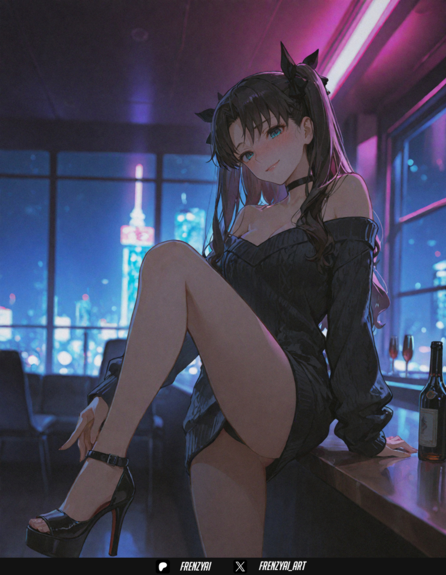 1girl, ai generated, alcohol, bangs, bare shoulders, black choker, black footwear, black hair, black panties, blue eyes, blush, bottle, breasts, choker, cleavage, cup, fate (series), frenzyai, high heels, indoors, long hair, long sleeves, looking at viewer, night, off shoulder, off-shoulder sweater, panties, smile, solo, sweater, tohsaka rin, two side up, underwear, window